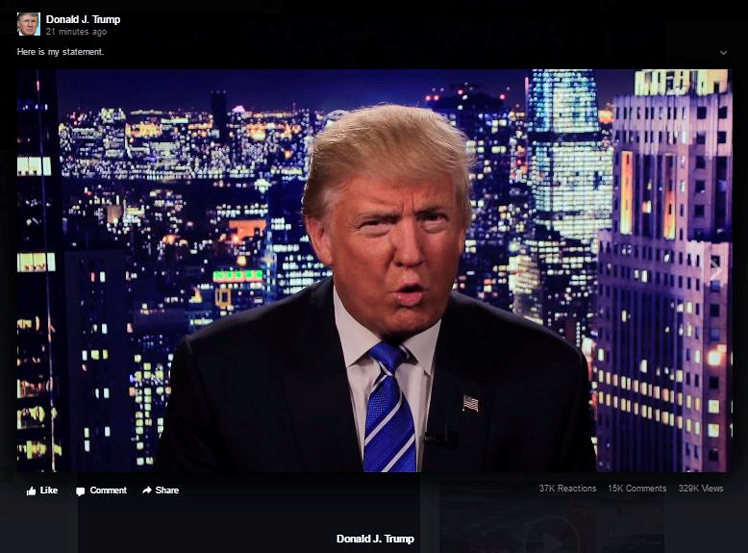 Donald Trump is seen in a video screengrab as he apologizes for lewd comments he made about women during a statement recorded by his presidential campaign and released via social media after midnight on Oct. 8, 2016.