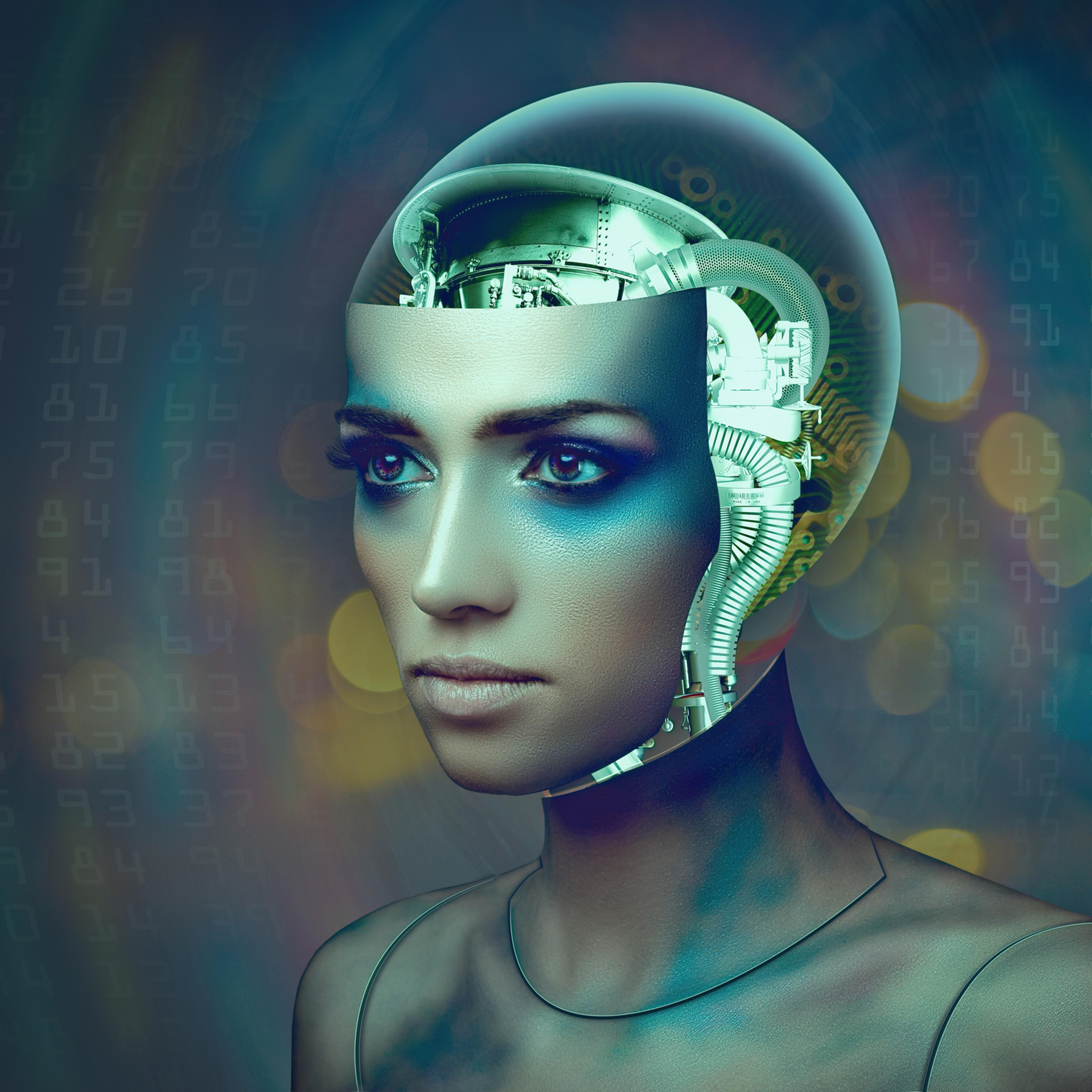 Cybernetic organism, female portrait with science and technology abstract backgrounds