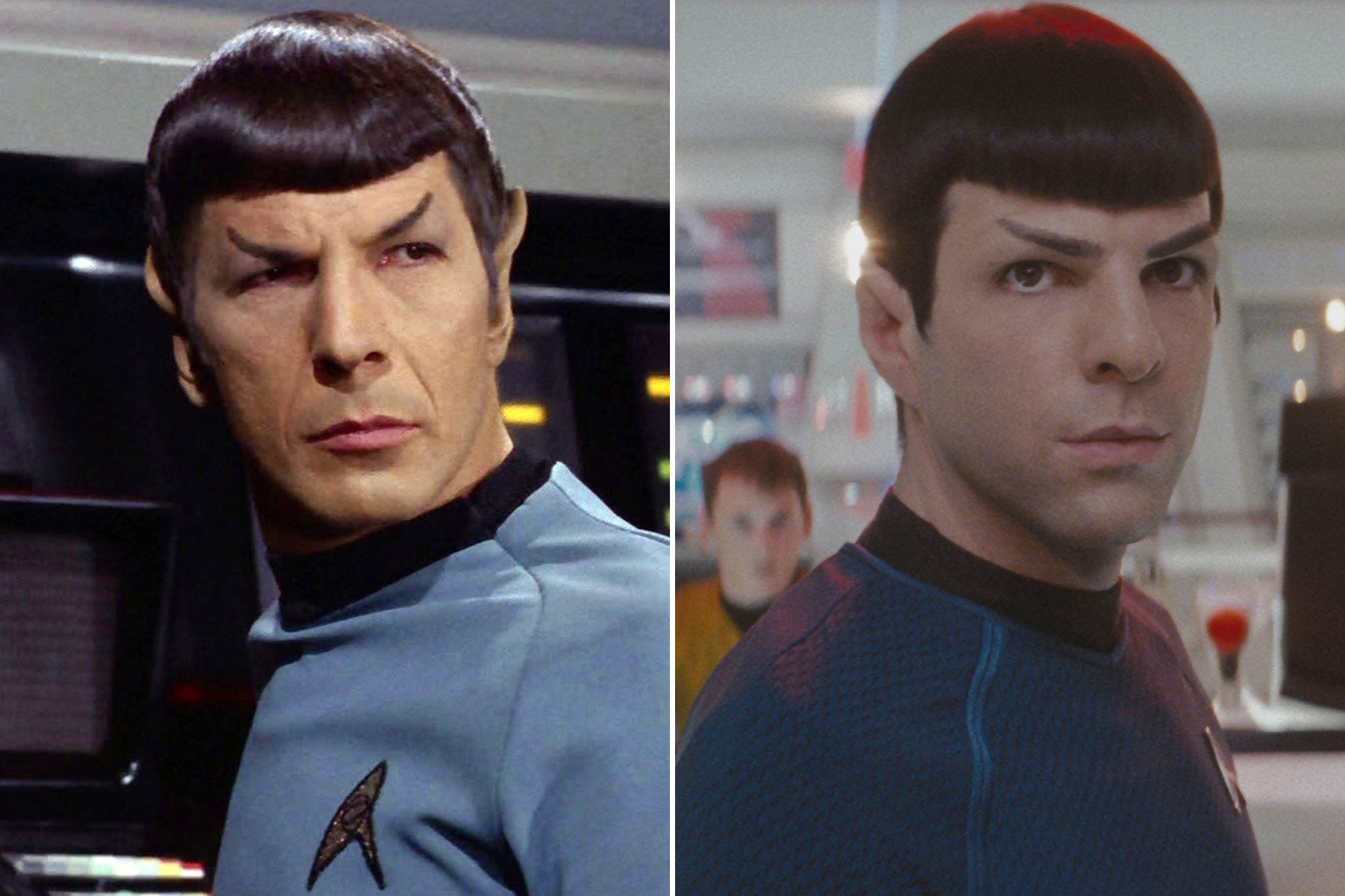 From left: Leonard Nimoy and Zachary Quinto as Mr. Spock