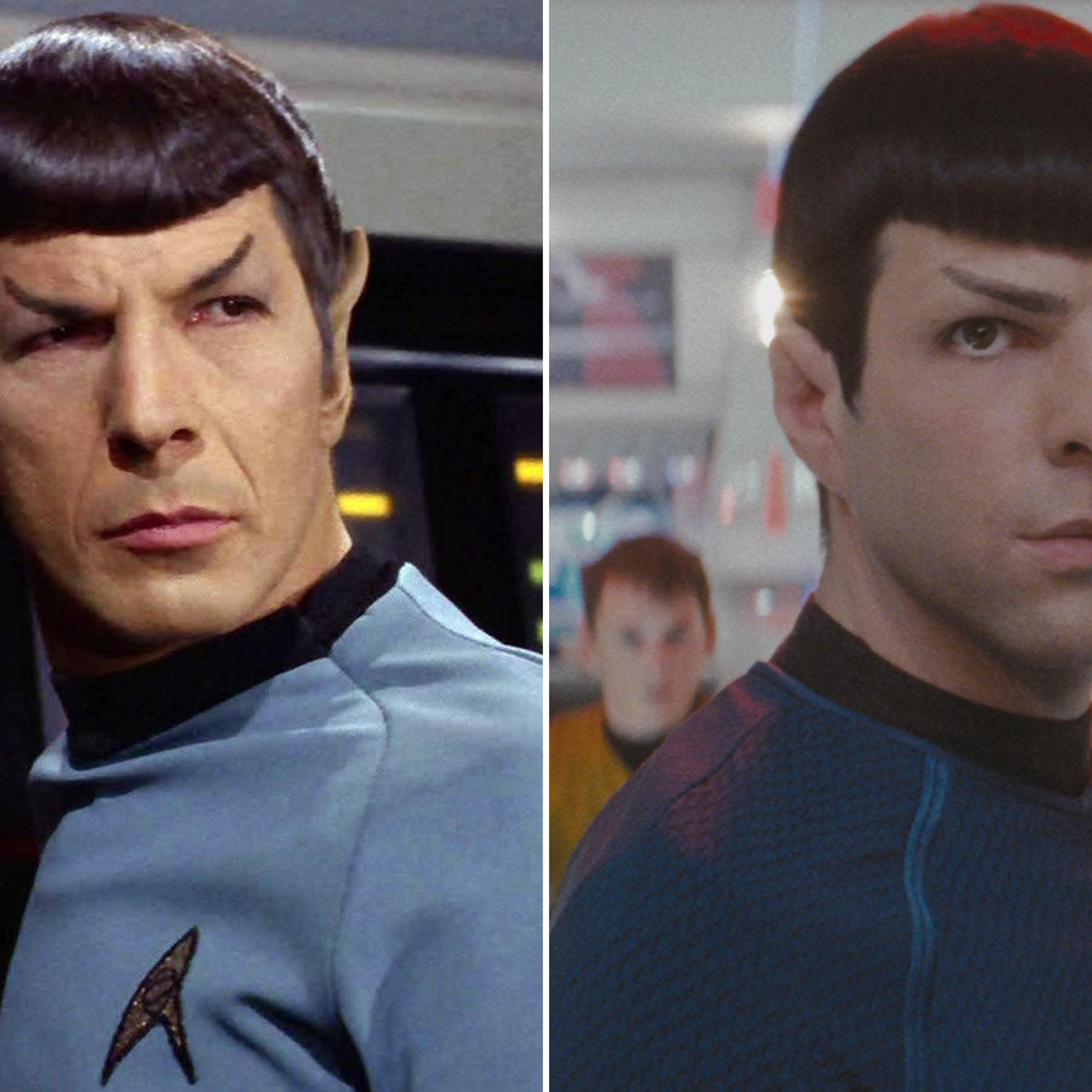 From left: Leonard Nimoy and Zachary Quinto as Mr. Spock