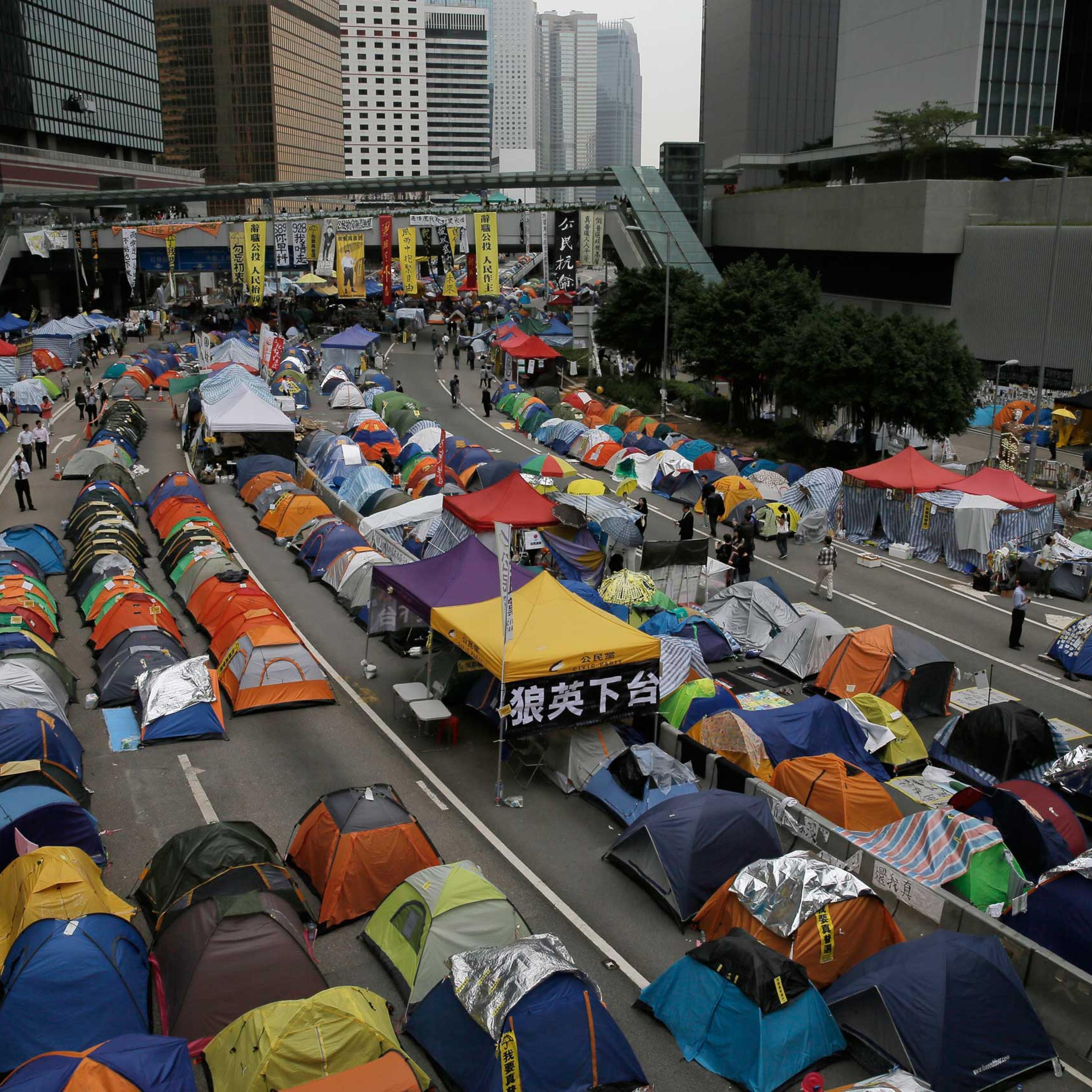 Tents set up by pro-democracy protesters are seen in an occupied area outside the government headquarters in Hong Kong's Admiralty district, Nov. 12, 2014.