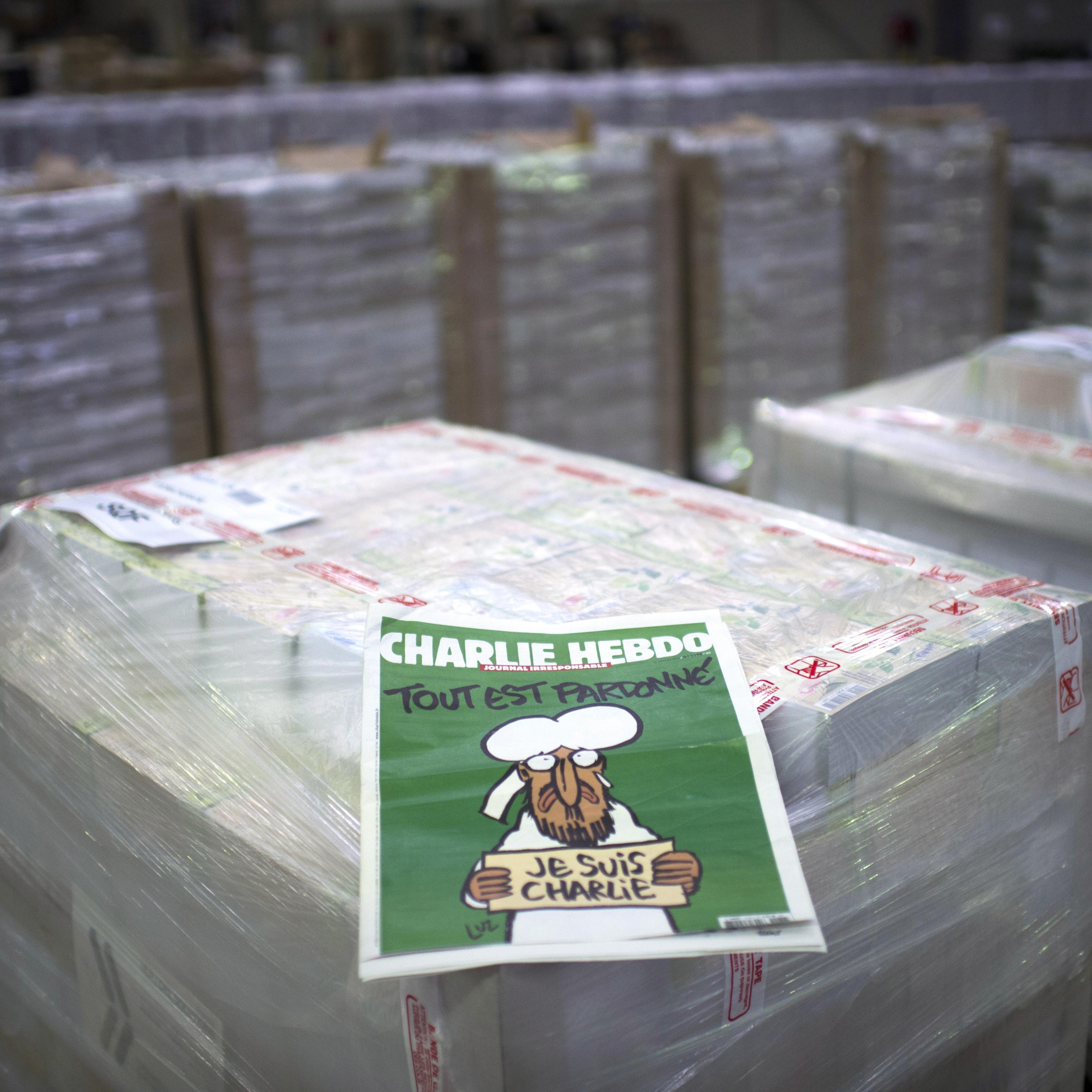 The weekly newspaper Charlie Hebdo, on January 13, 2015 in Villabe, south of Paris, a week after two jihadist gunmen stormed the Paris offices of the satirical magazine, killing 12 people including some of the country's best-known cartoonists. Its cover