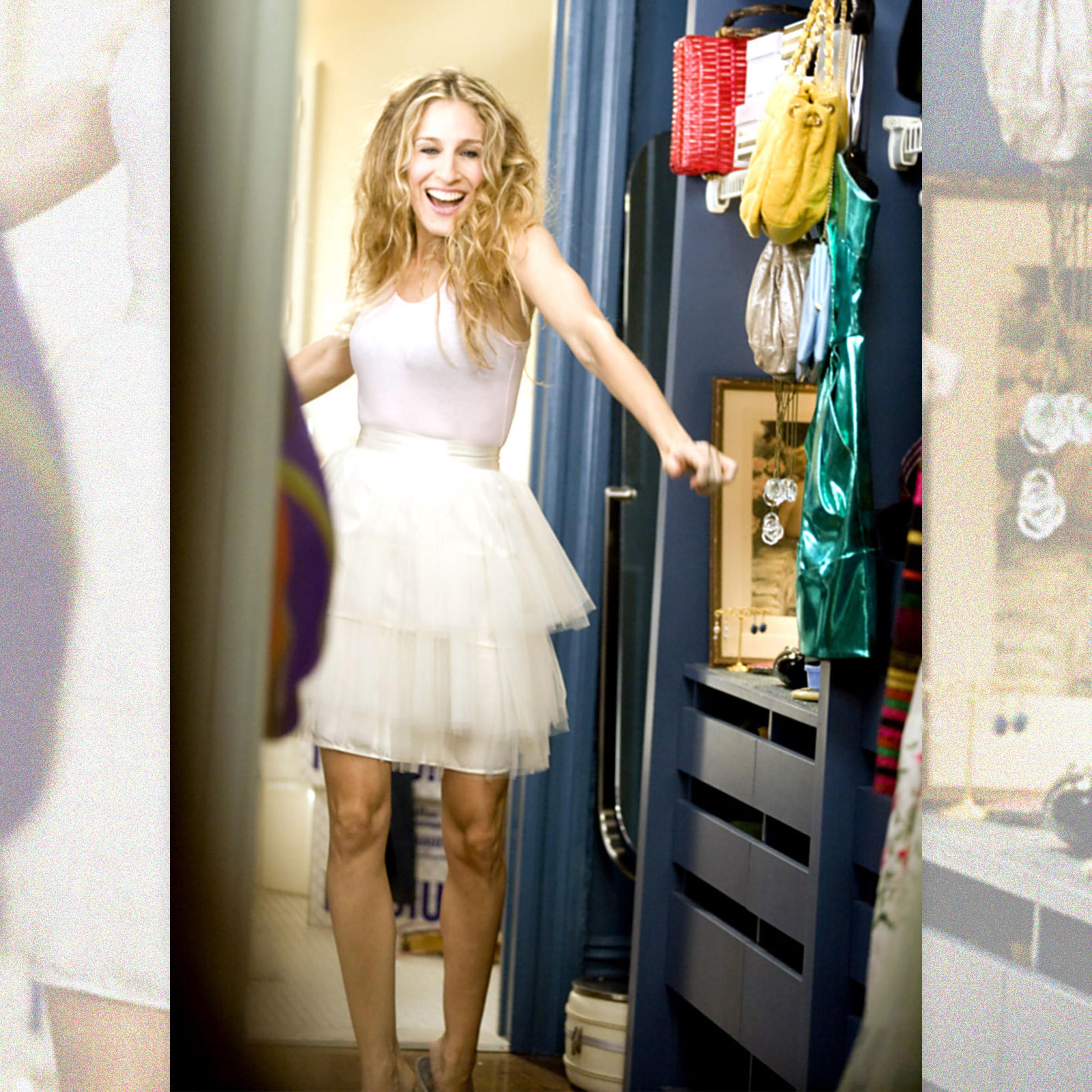 Carrie Bradshaw in her iconic white tulle tutu and pink tank top