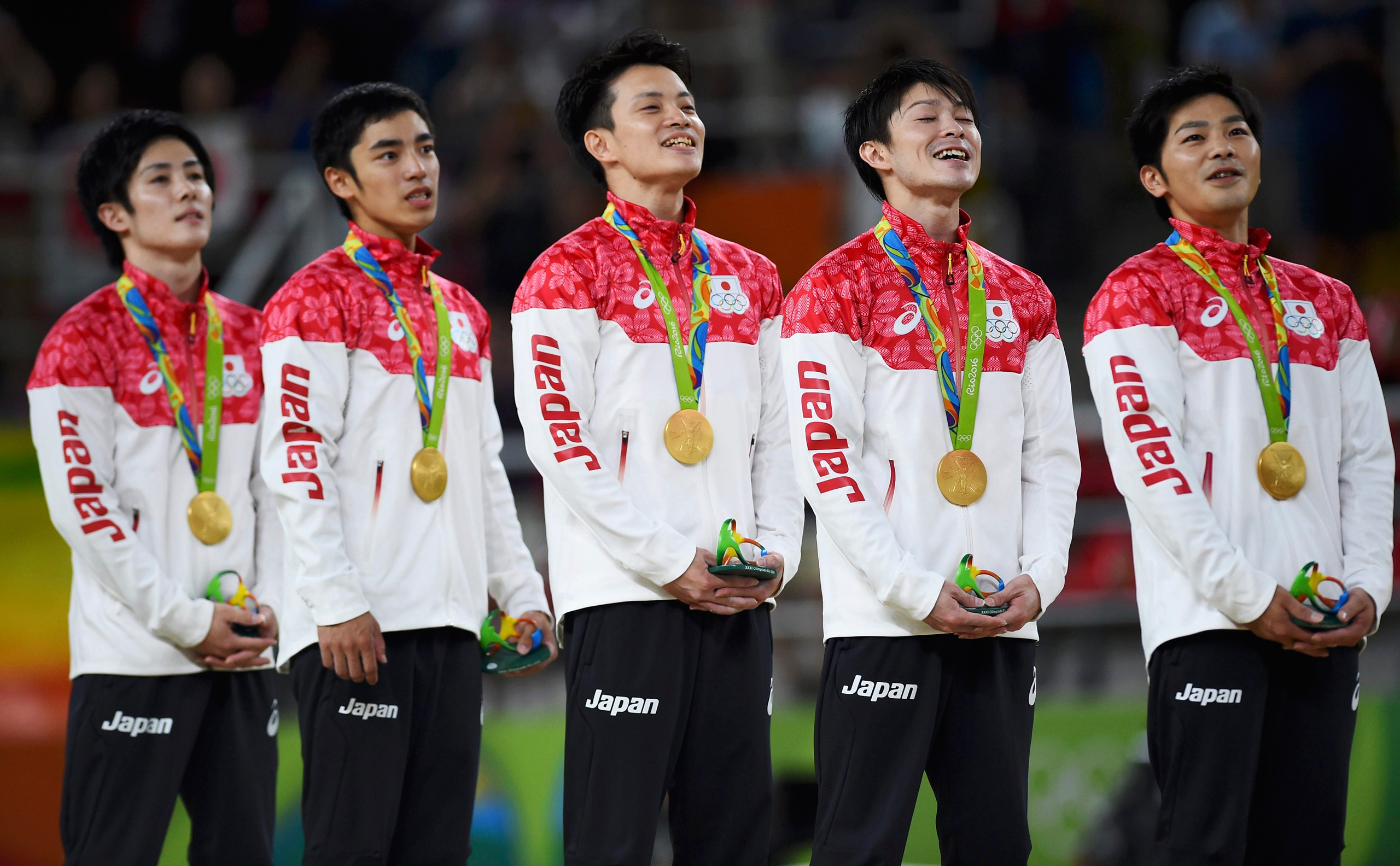 2016 Rio Olympics - Artistic Gymnastics - Final - Men's Team Final - Rio Olympic Arena - Rio de Janeiro, Brazil - 08/08/2016. (L-R) Ryohei Kato (JPN) of Japan, Kenzo Shirai (JPN) of Japan, Yusuke Tanaka (JPN) of Japan, Kohei Uchimura (JPN) of Japan, Koji