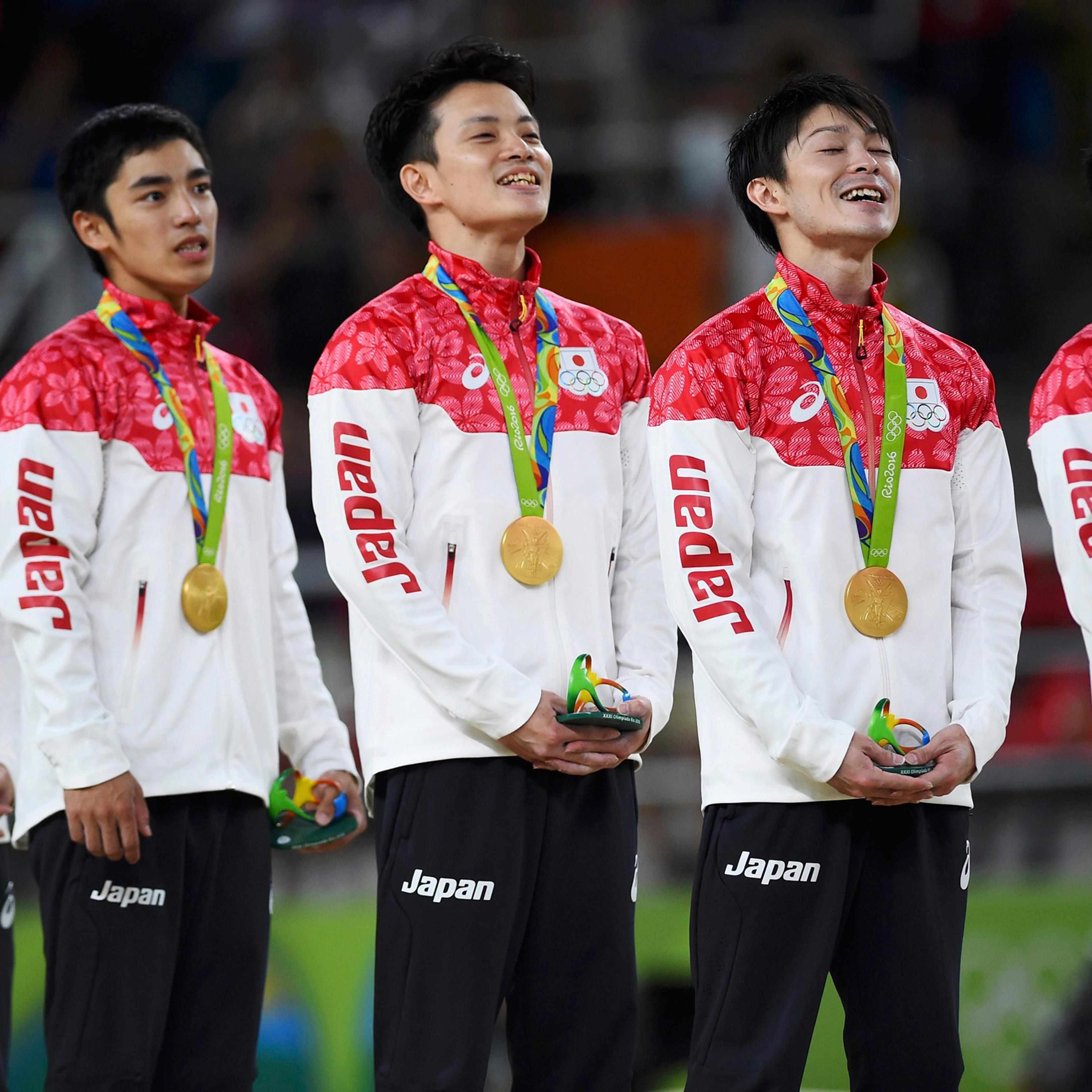 2016 Rio Olympics - Artistic Gymnastics - Final - Men's Team Final - Rio Olympic Arena - Rio de Janeiro, Brazil - 08/08/2016. (L-R) Ryohei Kato (JPN) of Japan, Kenzo Shirai (JPN) of Japan, Yusuke Tanaka (JPN) of Japan, Kohei Uchimura (JPN) of Japan, Koji