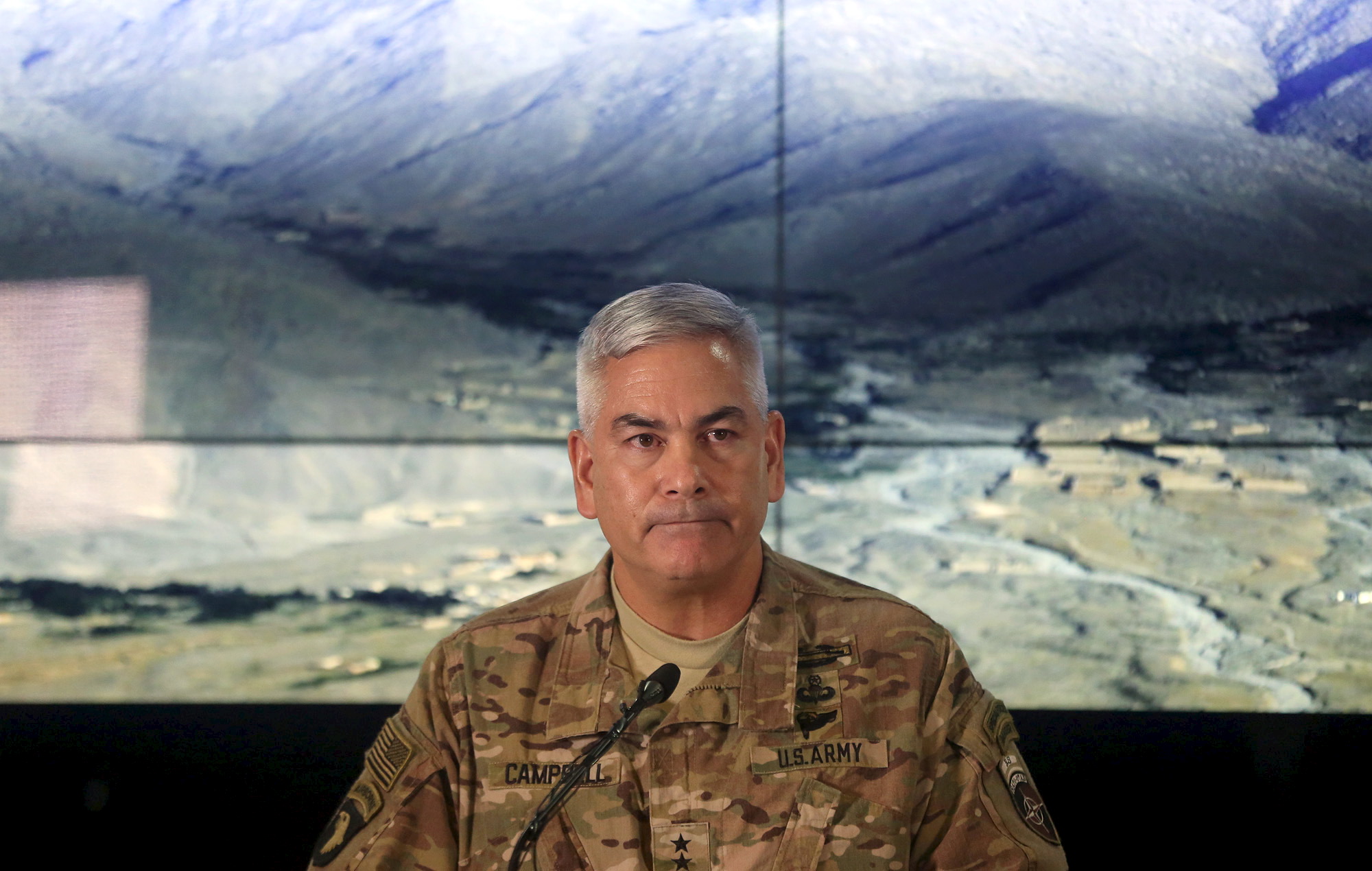 U.S. Army General John Campbell, the commander of international and U.S. forces in Afghanistan, speaks during a news conference at Resolute Support headquarters in Kabul