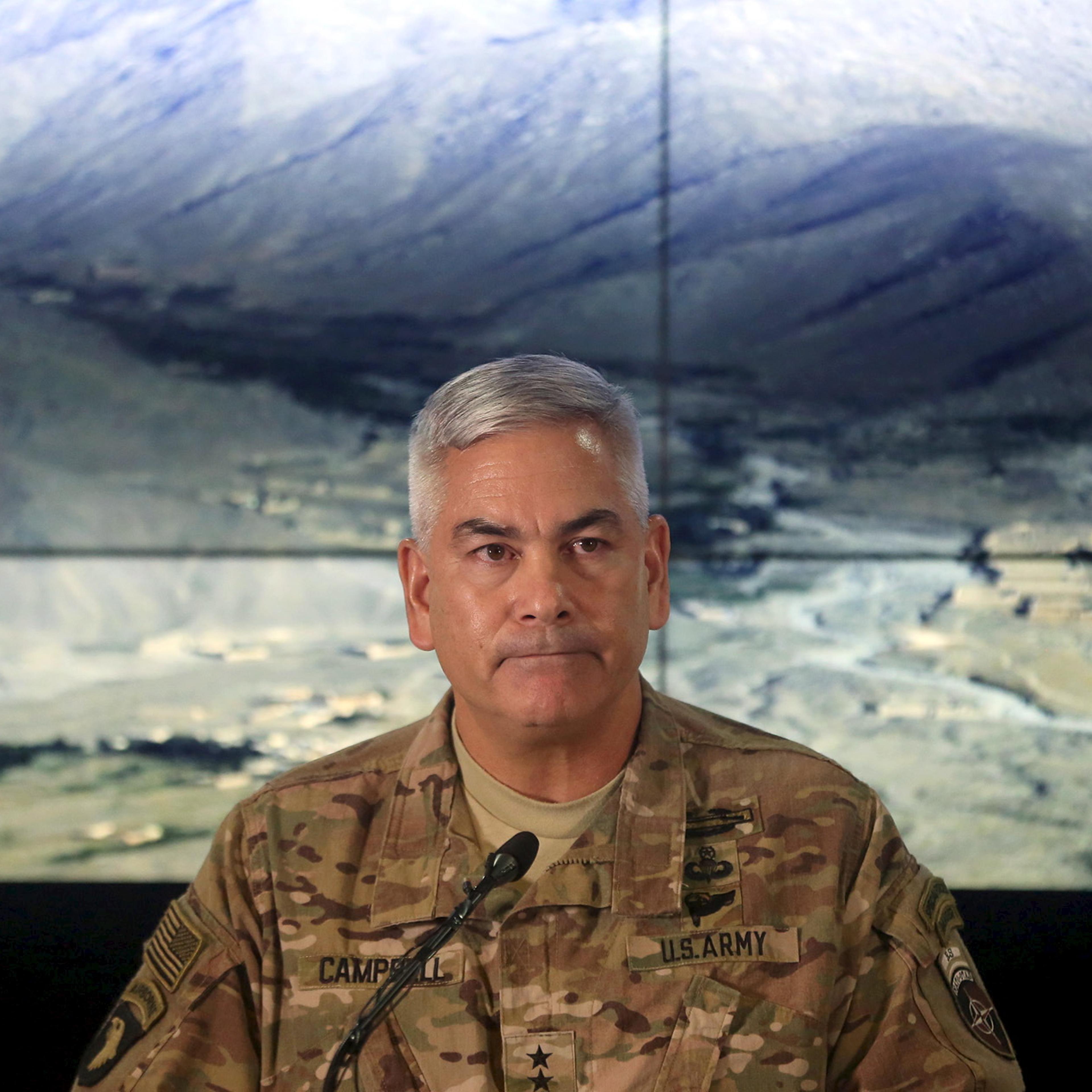 U.S. Army General John Campbell, the commander of international and U.S. forces in Afghanistan, speaks during a news conference at Resolute Support headquarters in Kabul