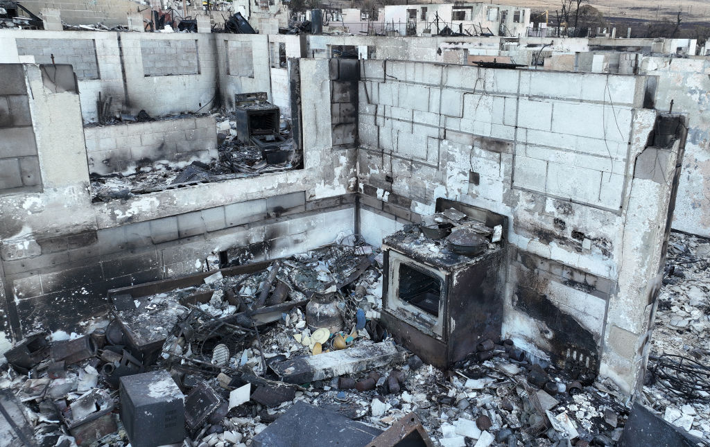 A stove sits inside of a home that was destroyed by a wildfire on Aug. 18, 2023 in Lahaina, Hawaii.