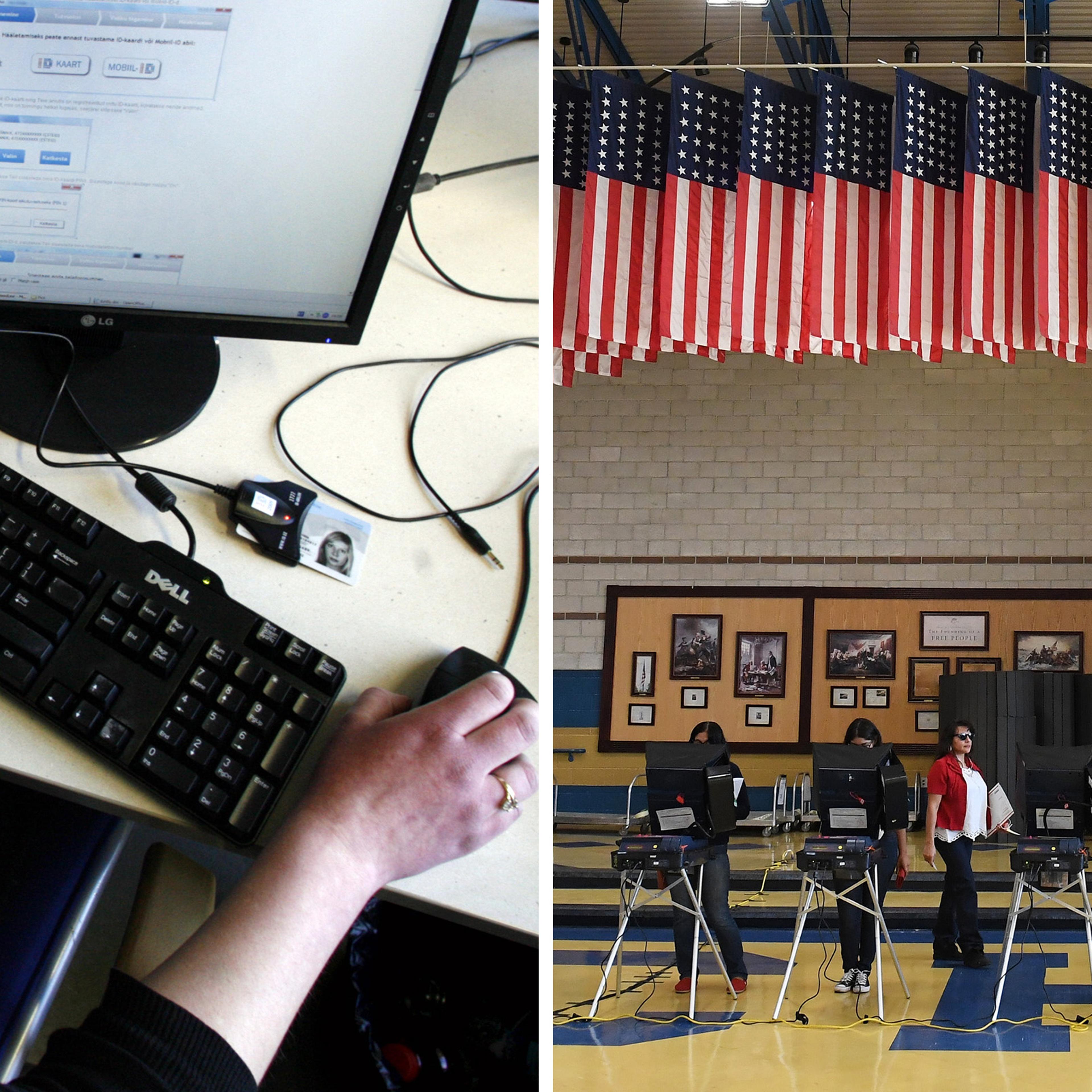Left: A woman sits in front of a computer to vote in the Estonian general election in Tallinn on Feb 28, 2011; Right: Voters cast their ballots at voting machines at Cheyenne High School on Election Day in North Las Vegas, on Nov. 8, 2016.