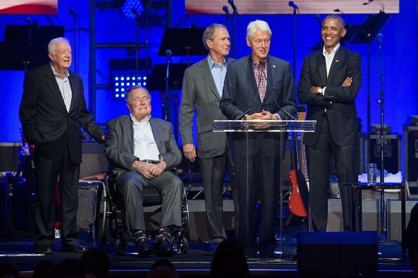 Former U.S. Presidents Jimmy Carter, George H. W. Bush, George W. Bush, Bill Clinton and Barack Obama attend the Hurricane Relief concert in College Station, Texas, on October 21, 2017.