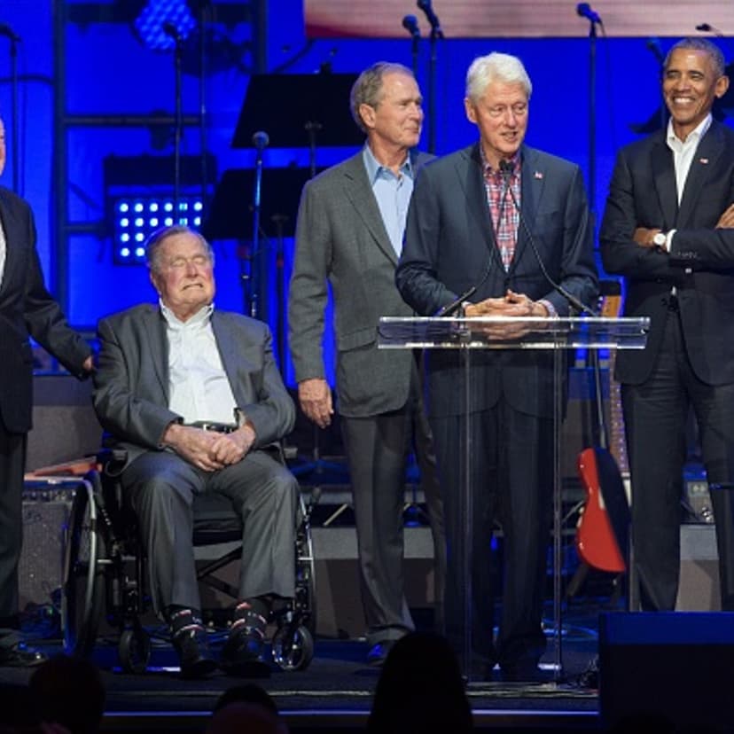 Former U.S. Presidents Jimmy Carter, George H. W. Bush, George W. Bush, Bill Clinton and Barack Obama attend the Hurricane Relief concert in College Station, Texas, on October 21, 2017.
