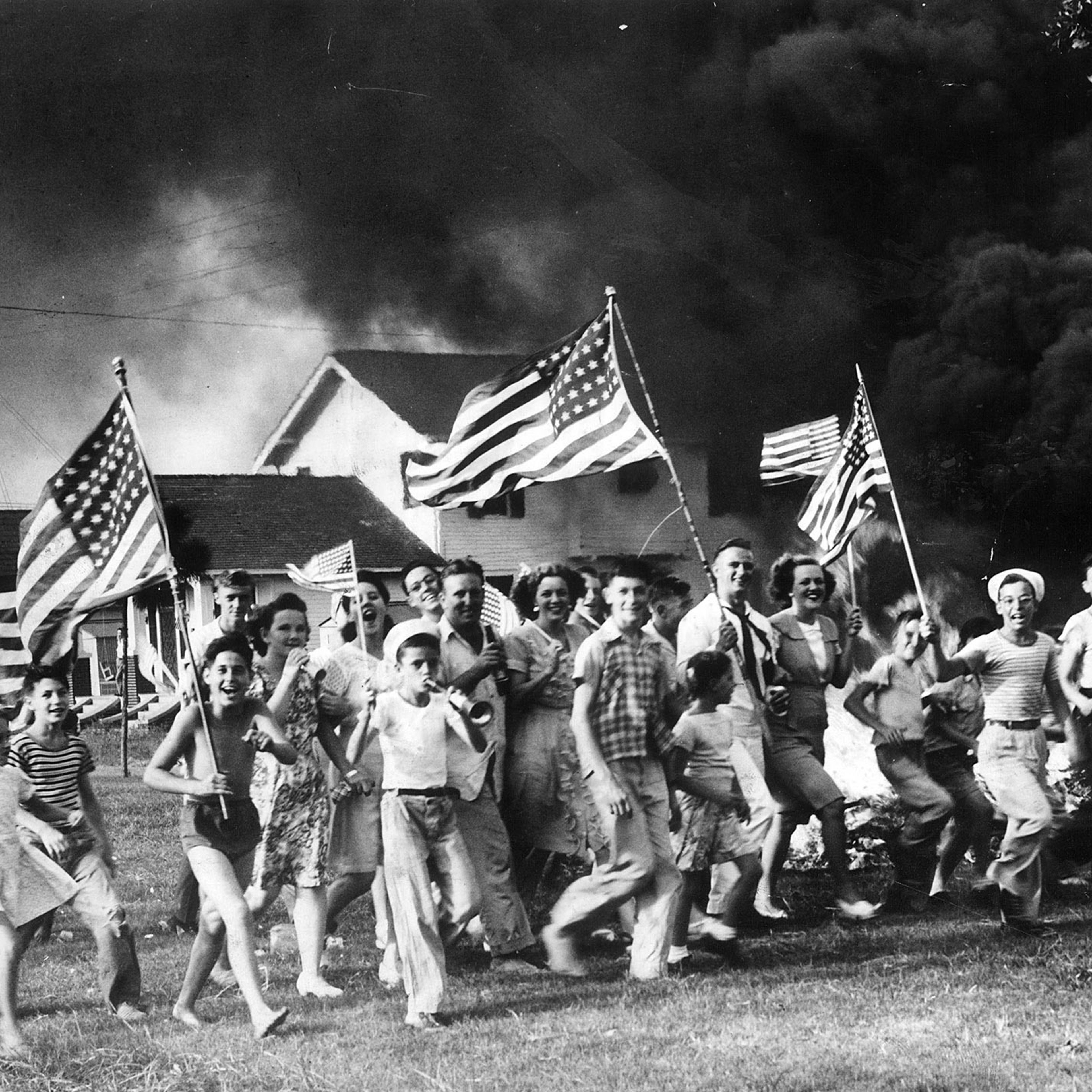 V-J Day New Orleanians, after celebrating the end of the war prematurely three times, let loose with everything they had when the official world of peace spread through the streets Tuesday near dinner time.