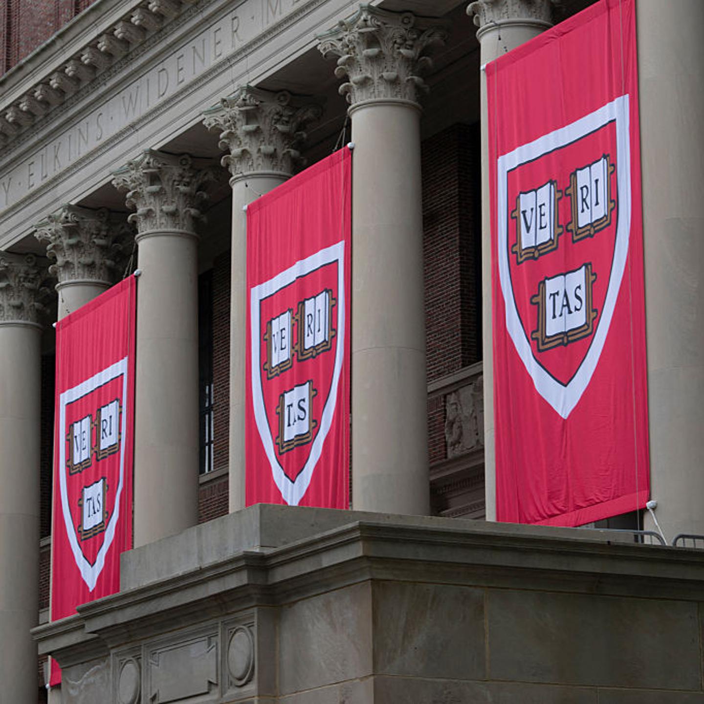 Harvard banners hang in front of Widener Library during the 374th Harvard Commencement in Harvard Yard in Cambridge, Mass., on May 29, 2025.