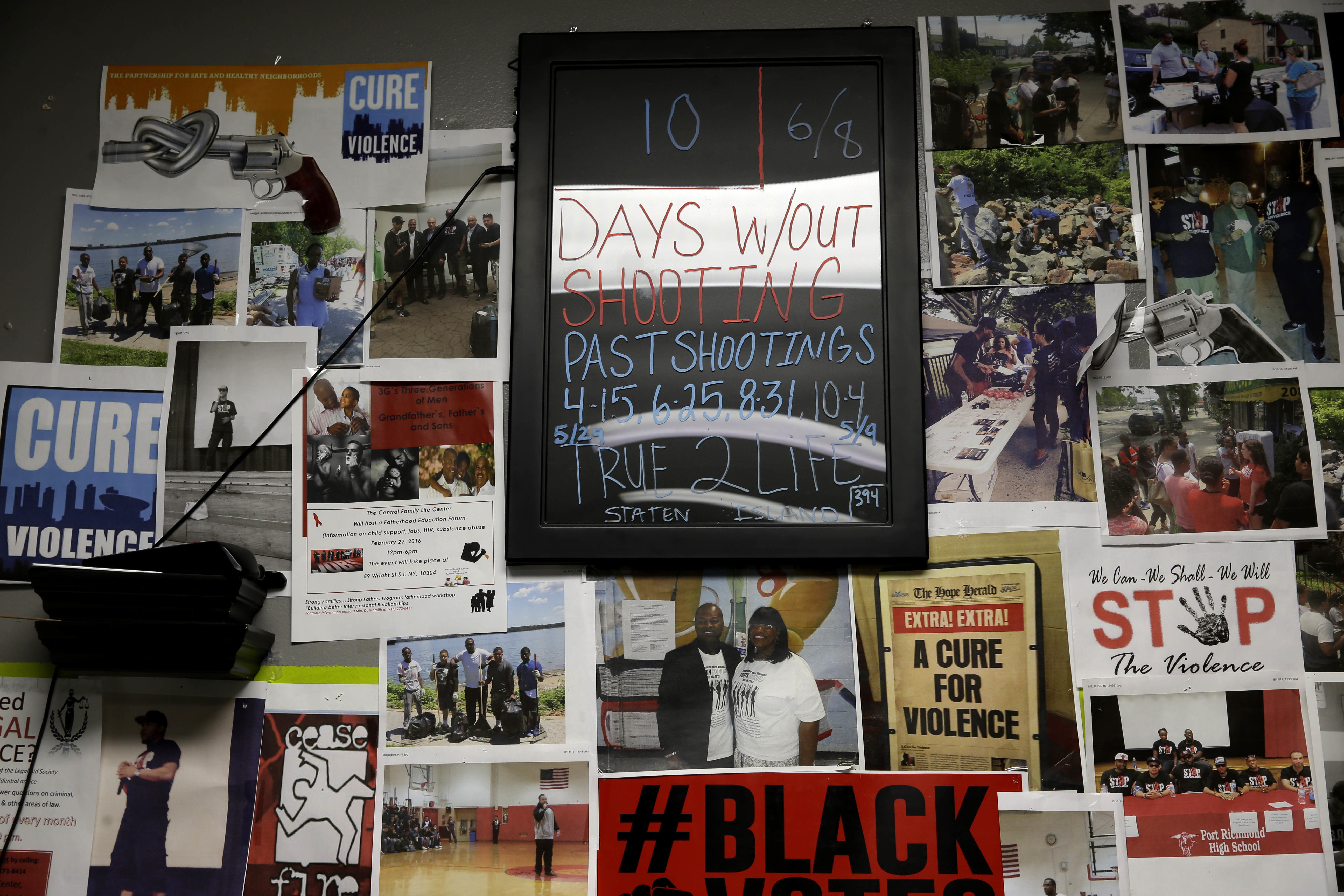 A June 8, 2016 photo shows a wall at the Cure Violence headquarters in Staten Island, New York.