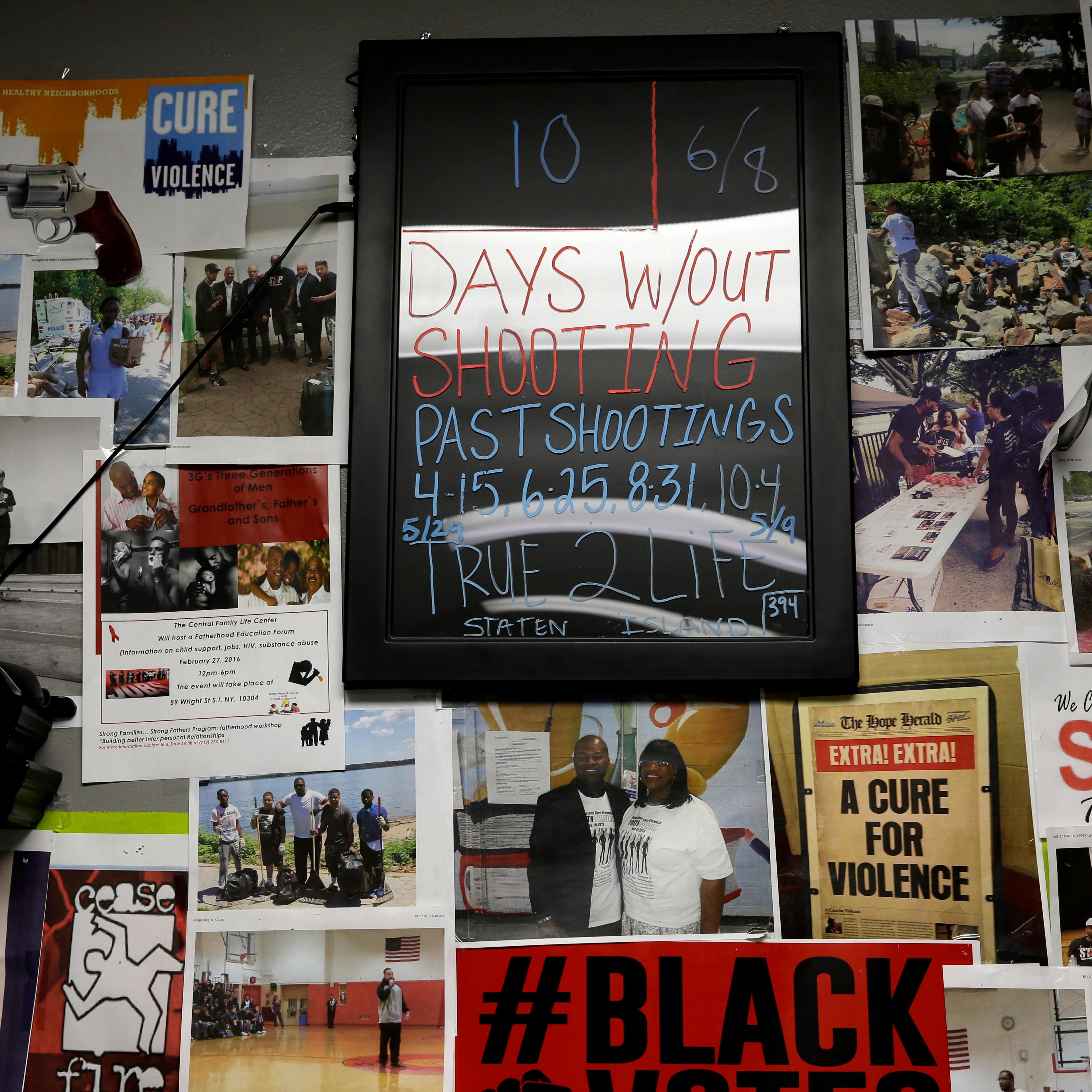 A June 8, 2016 photo shows a wall at the Cure Violence headquarters in Staten Island, New York.