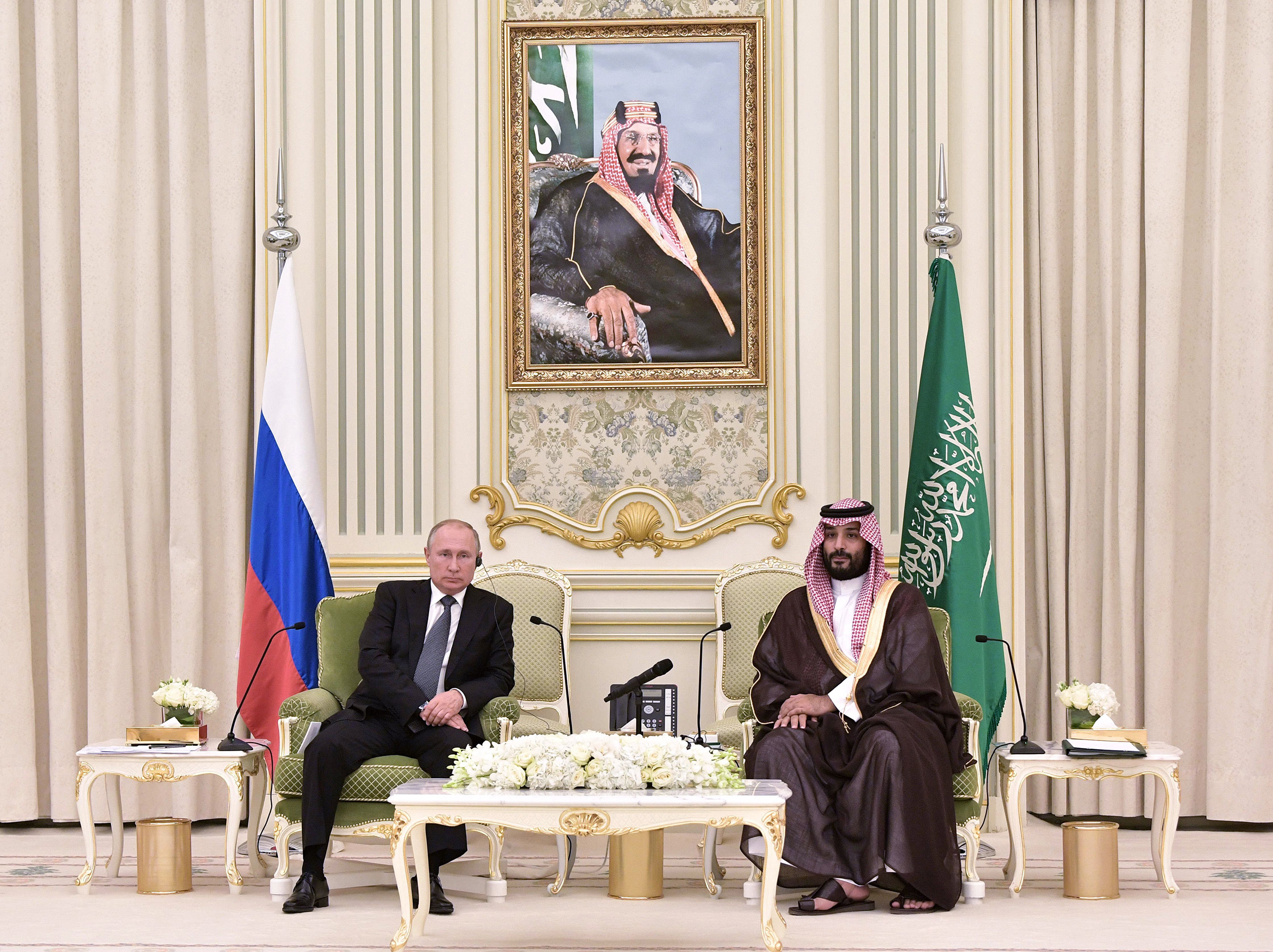 Russian President Vladimir Putin meets with Saudi Arabia's Crown Prince Mohammed bin Salman in Riyadh, Saudi Arabia, on Oct. 14, 2019