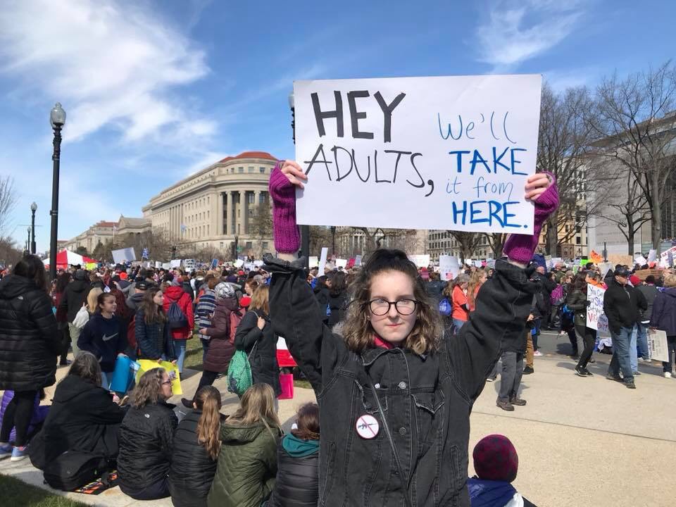 Isabel Hope, 16, holds up a sign at the March for Our Lives rally, a student-led demonstration in support of stronger gun violence prevention measures, in Washington, D.C. on March 24, 2018. 