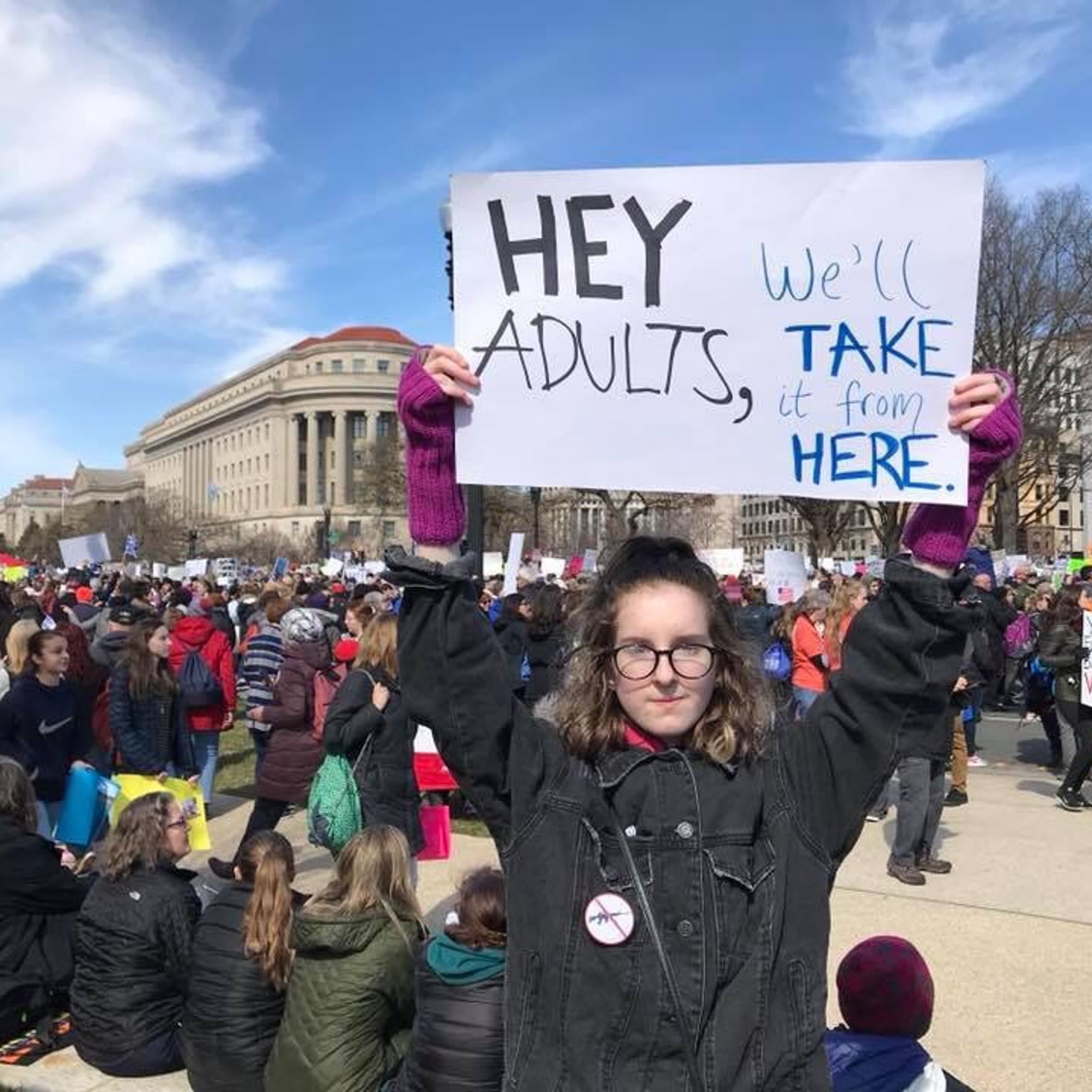 Isabel Hope, 16, holds up a sign at the March for Our Lives rally, a student-led demonstration in support of stronger gun violence prevention measures, in Washington, D.C. on March 24, 2018.