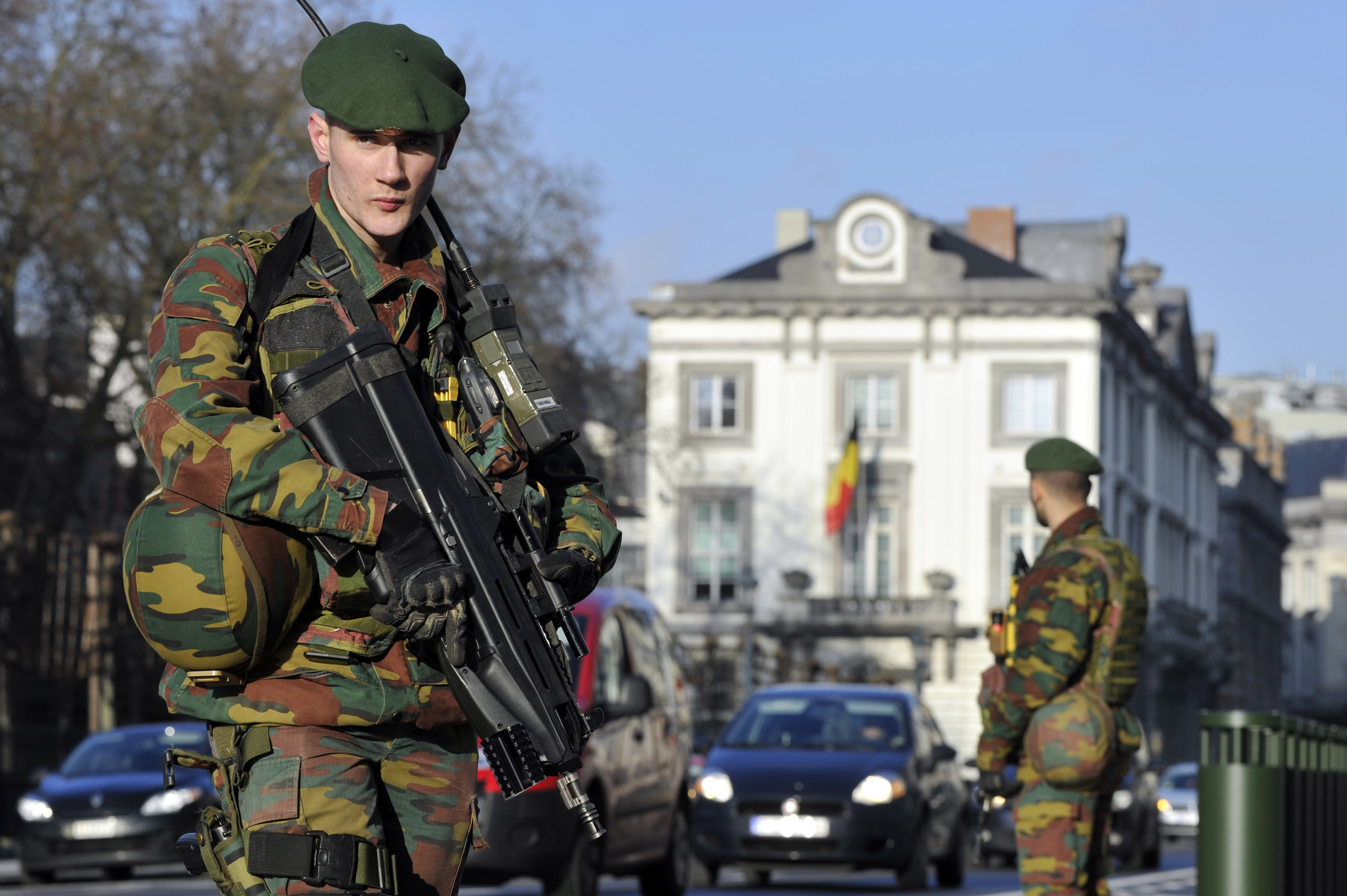 Belgian soldiers guard outside the U.S. Embassy in Brussels near the Belgian Parliament on Jan. 17, 2015.