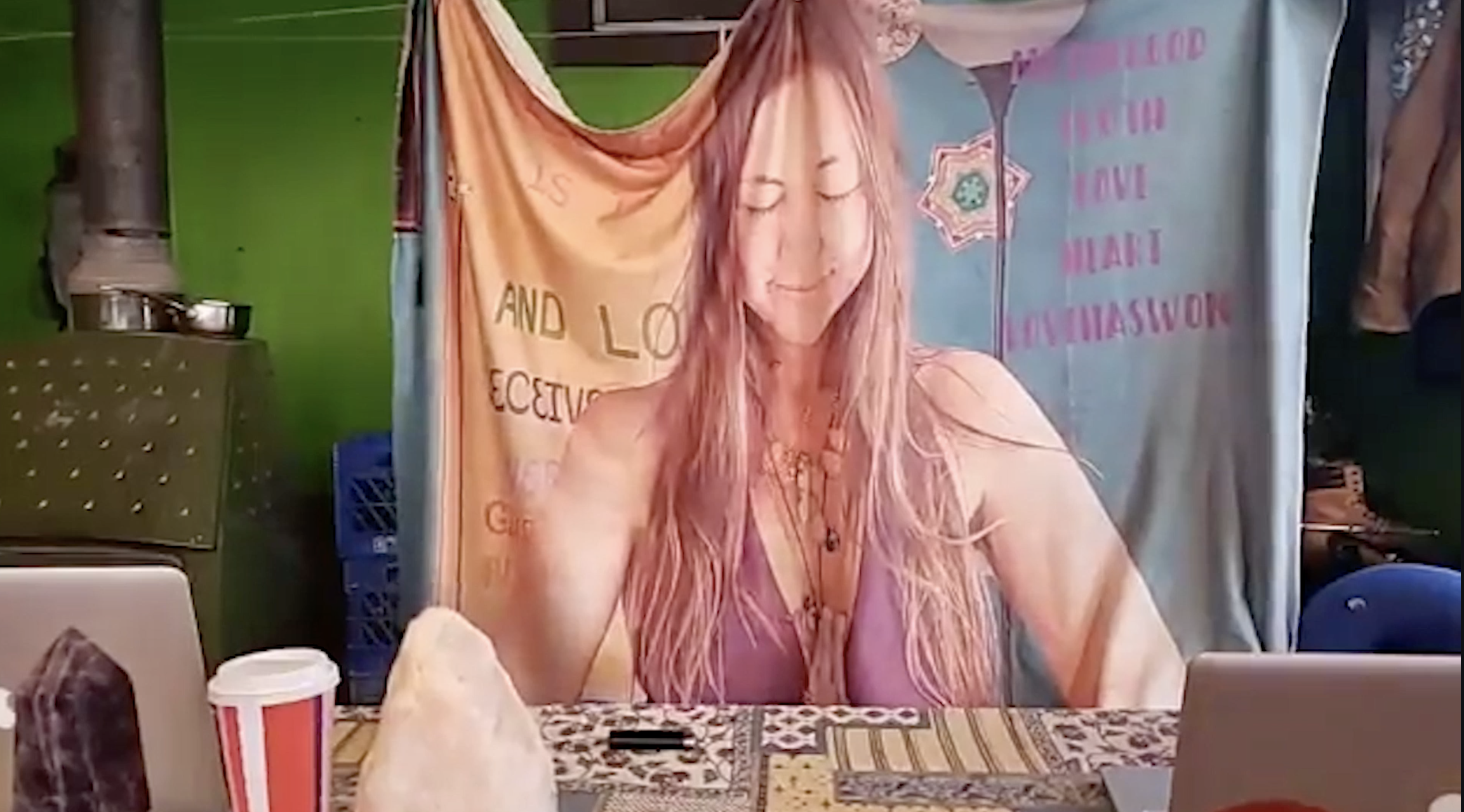 A banner paying tribute to Amy Carlson shown in the HBO docuseries 'Love Has Won: The Cult of Mother God'