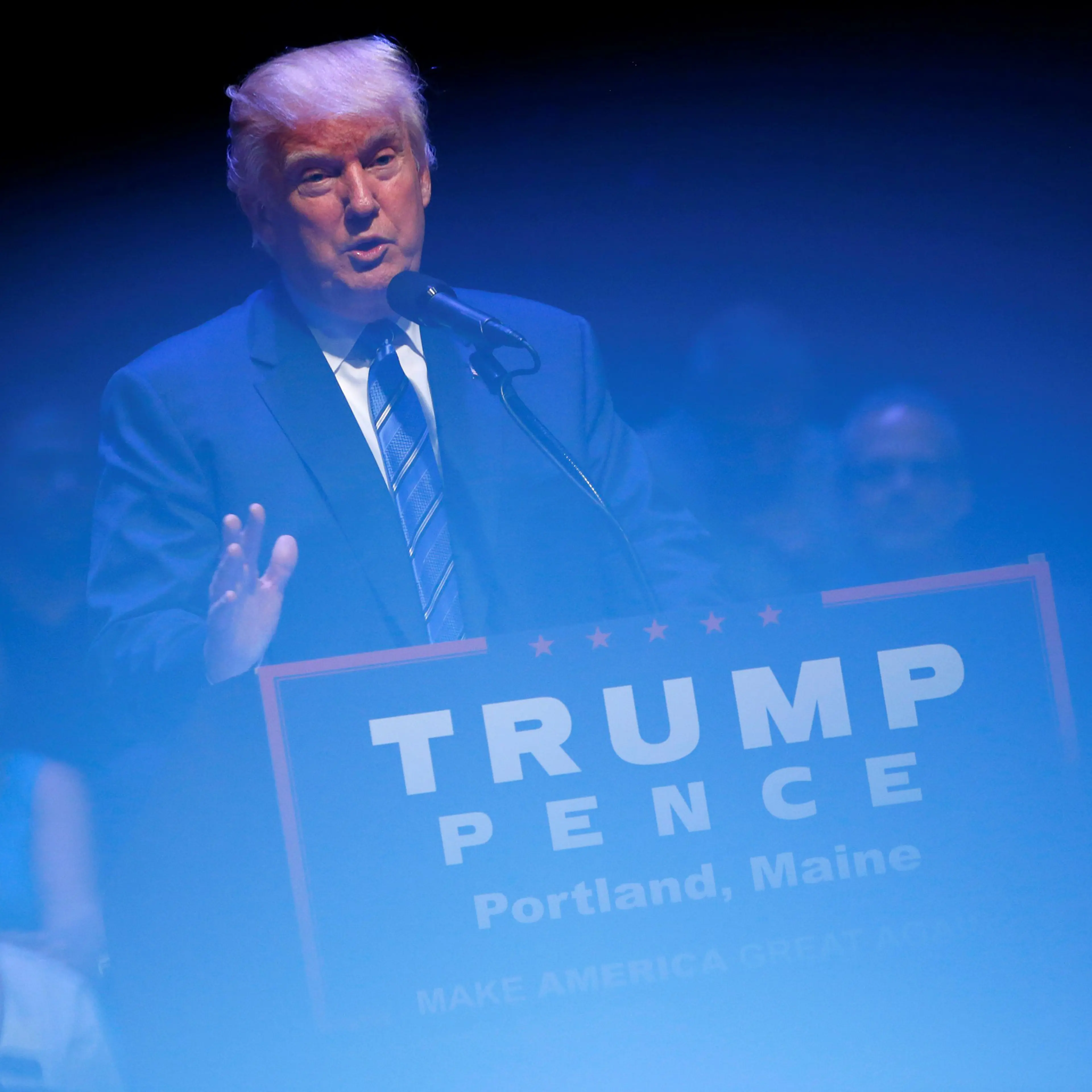 Republican U.S. presidential nominee Donald Trump attends a campaign event at the Merrill Auditorium in Portland, Maine