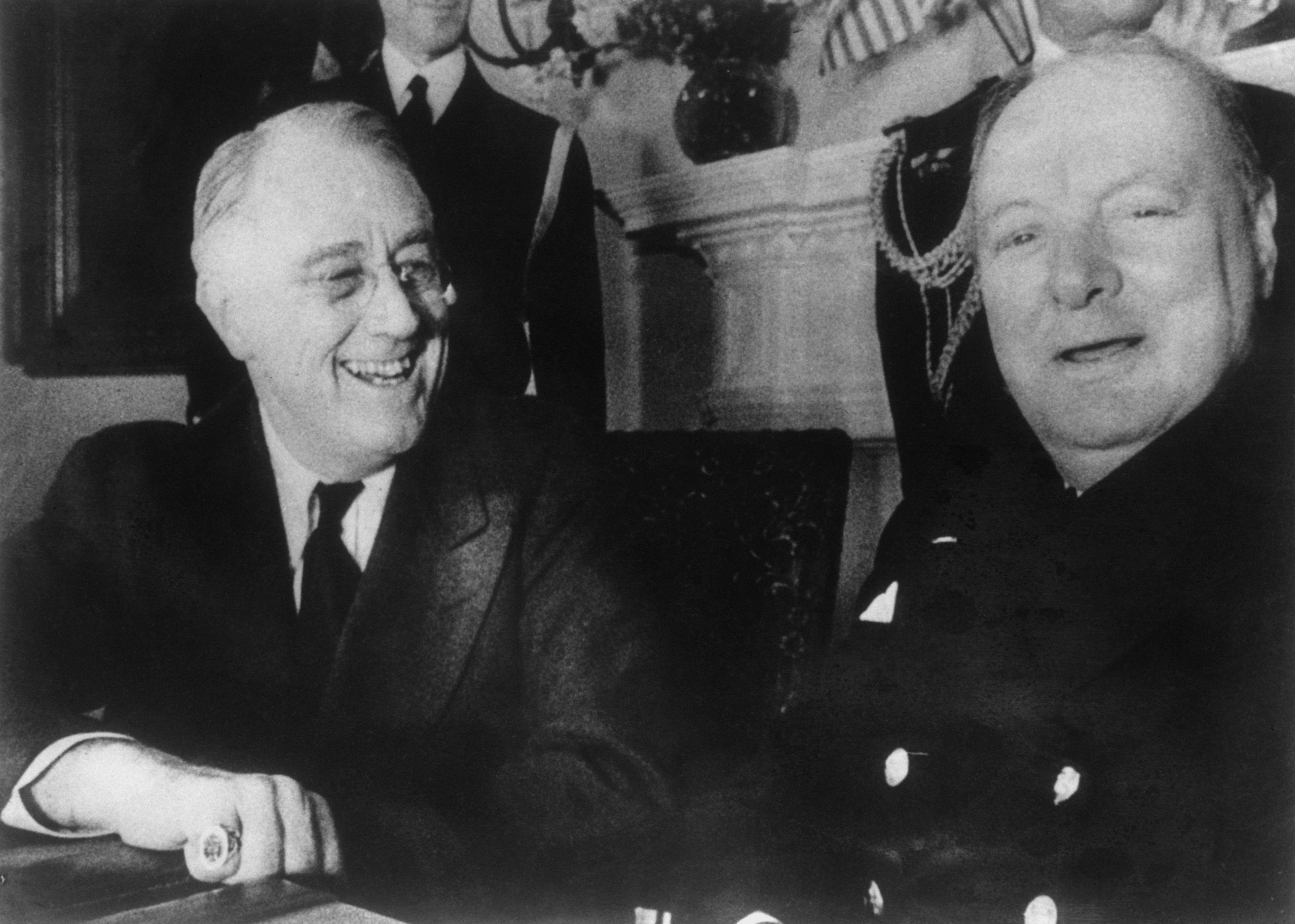 US President Franklin D. Roosevelt (1882 - 1945, left) with British Prime Minister Winston Churchill (1874 - 1965) at the White House, Washington DC, December 1941.
