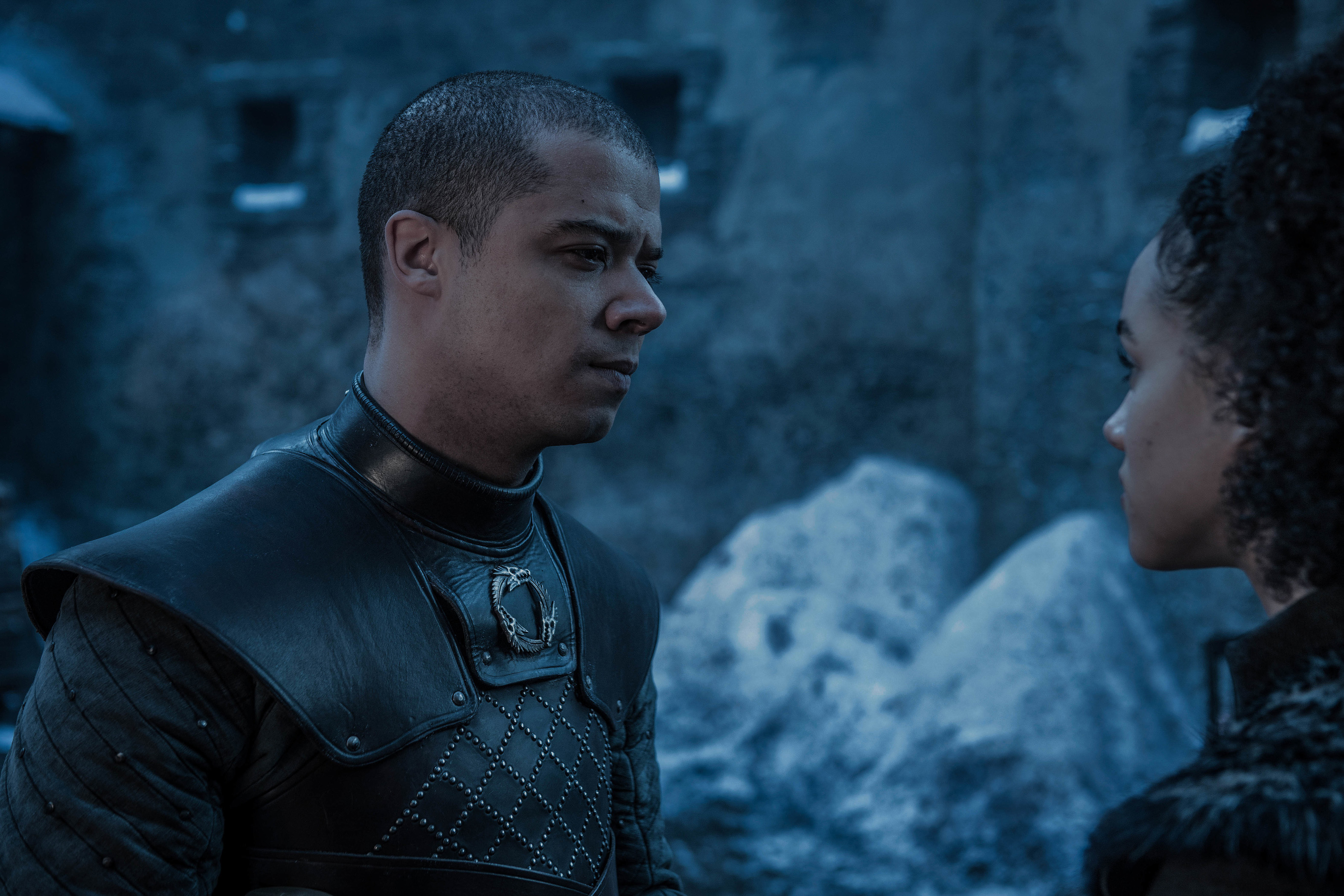 Jacob Anderson as Grey Worm and Nathalie Emmanuel as Missandei.