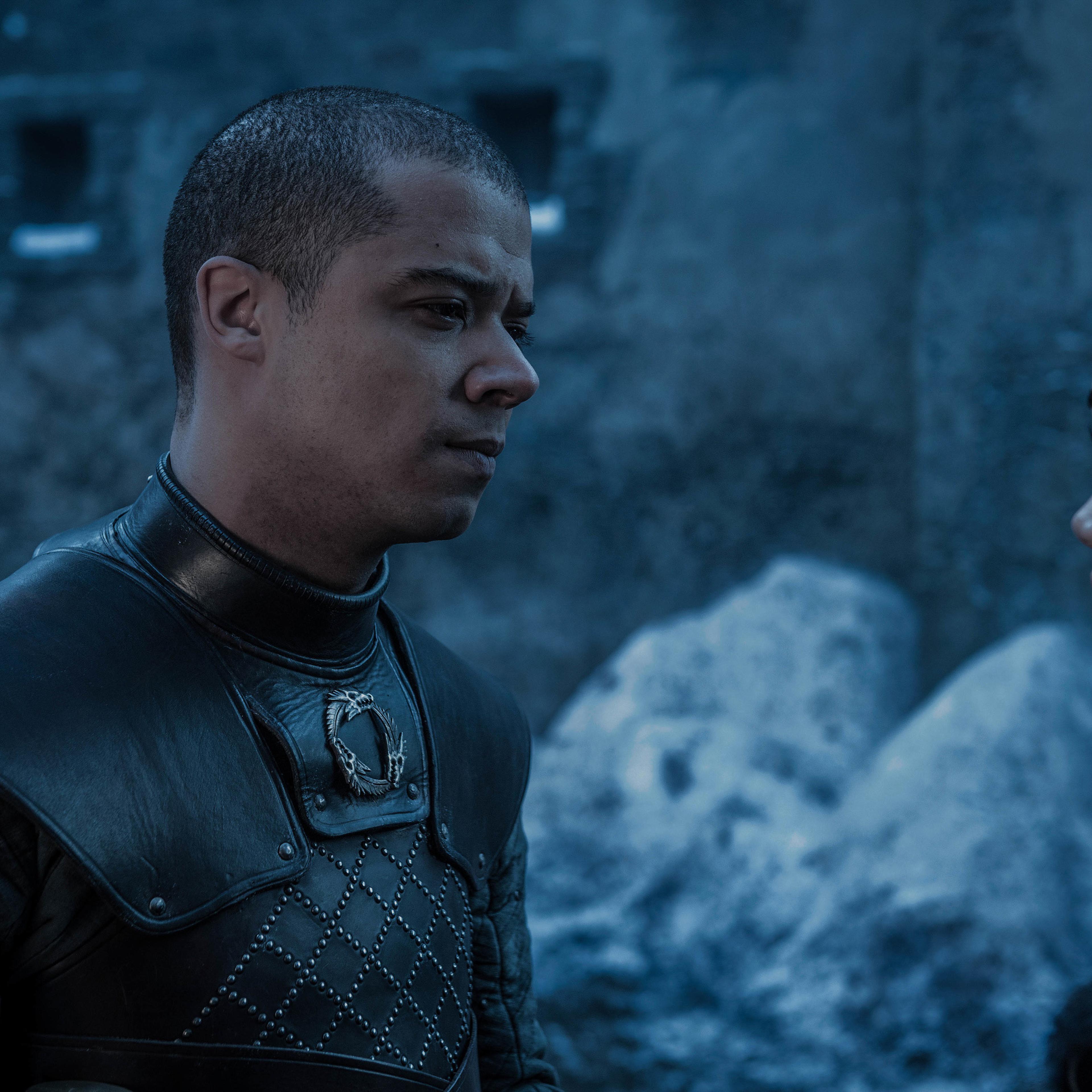 Jacob Anderson as Grey Worm and Nathalie Emmanuel as Missandei.