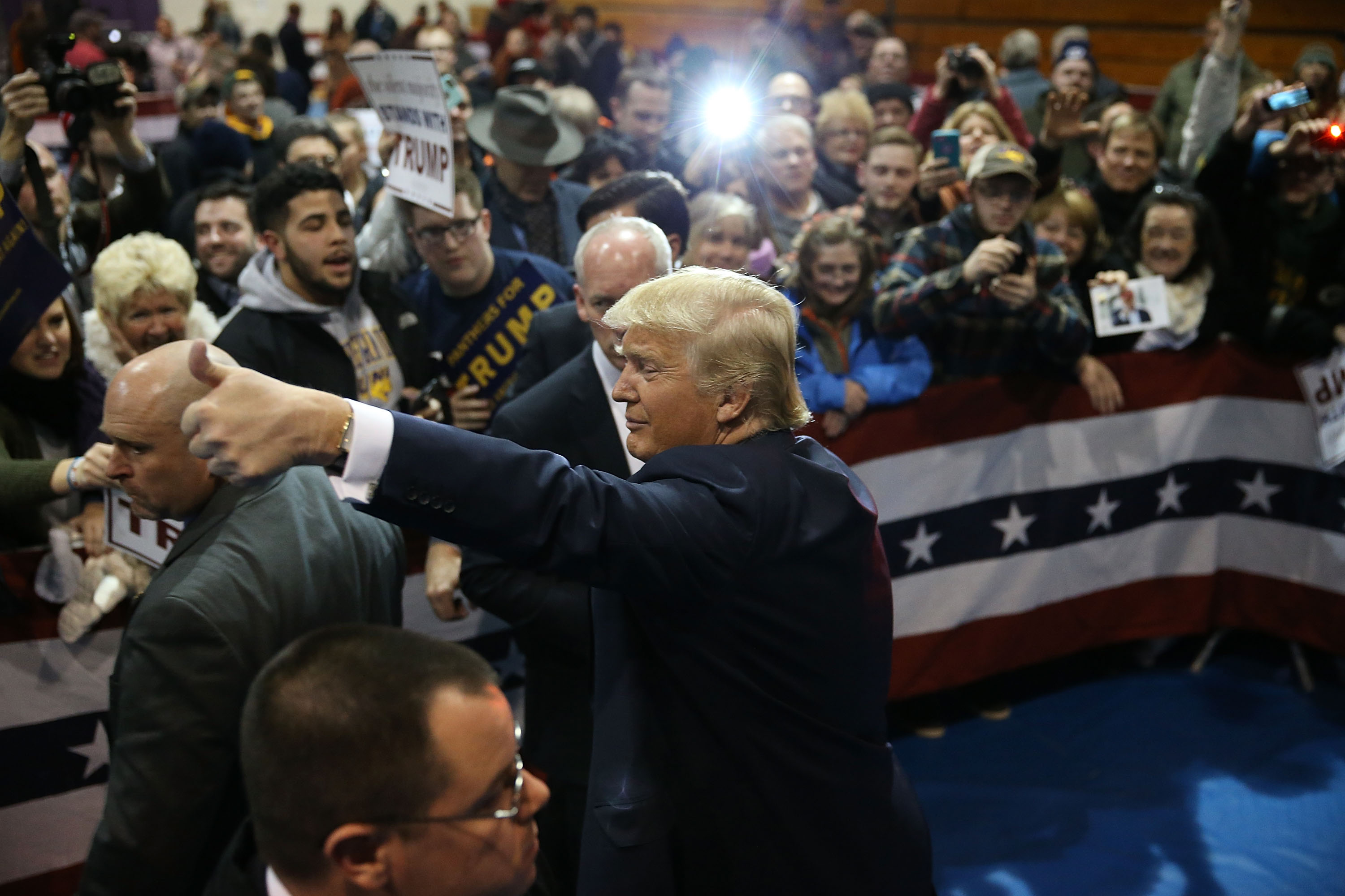 Republican presidential candidate Donald Trump greets people during a campaign event at the University of Northern Iowa in Cedar Falls, Iowa on Jan. 12, 2016.