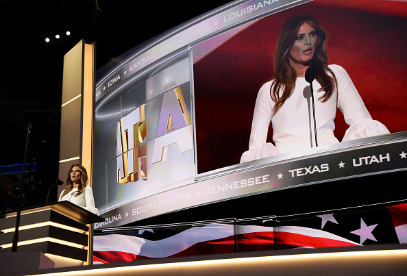 Melania Trump, wife of Presumptive Republican presidential nominee Donald Trump, delivers a speech on the first day of the Republican National Convention on July 18, 2016 at the Quicken Loans Arena in Cleveland, Ohio.