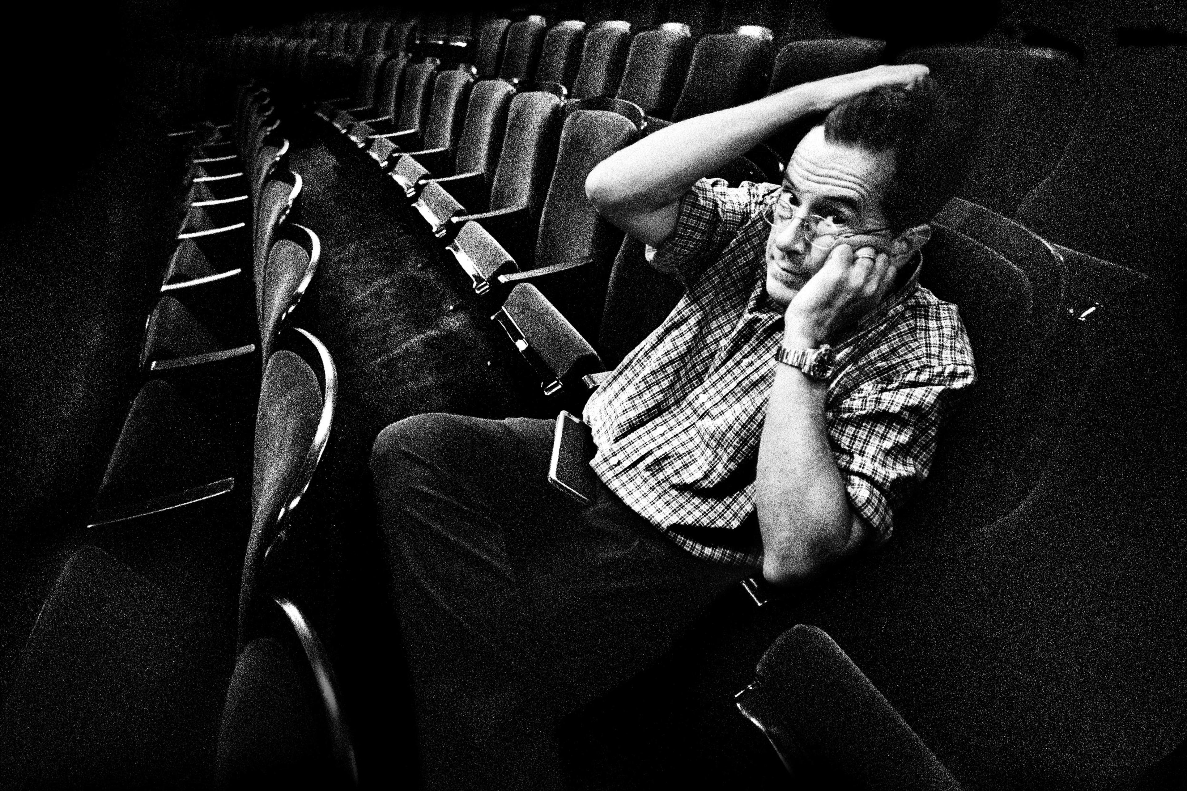 Stephen Colbert sitting in the newly installed chairs at the Ed Sullivan theater. Aug. 13, 2015.