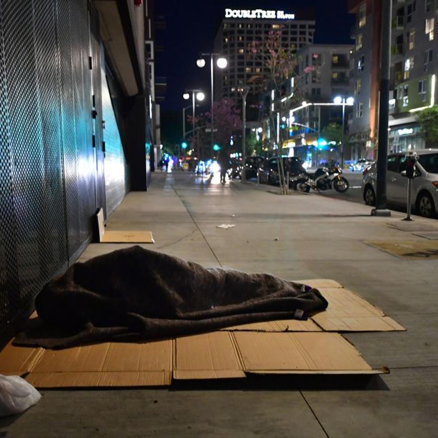 A homeless person sleeps covered with a blanket
