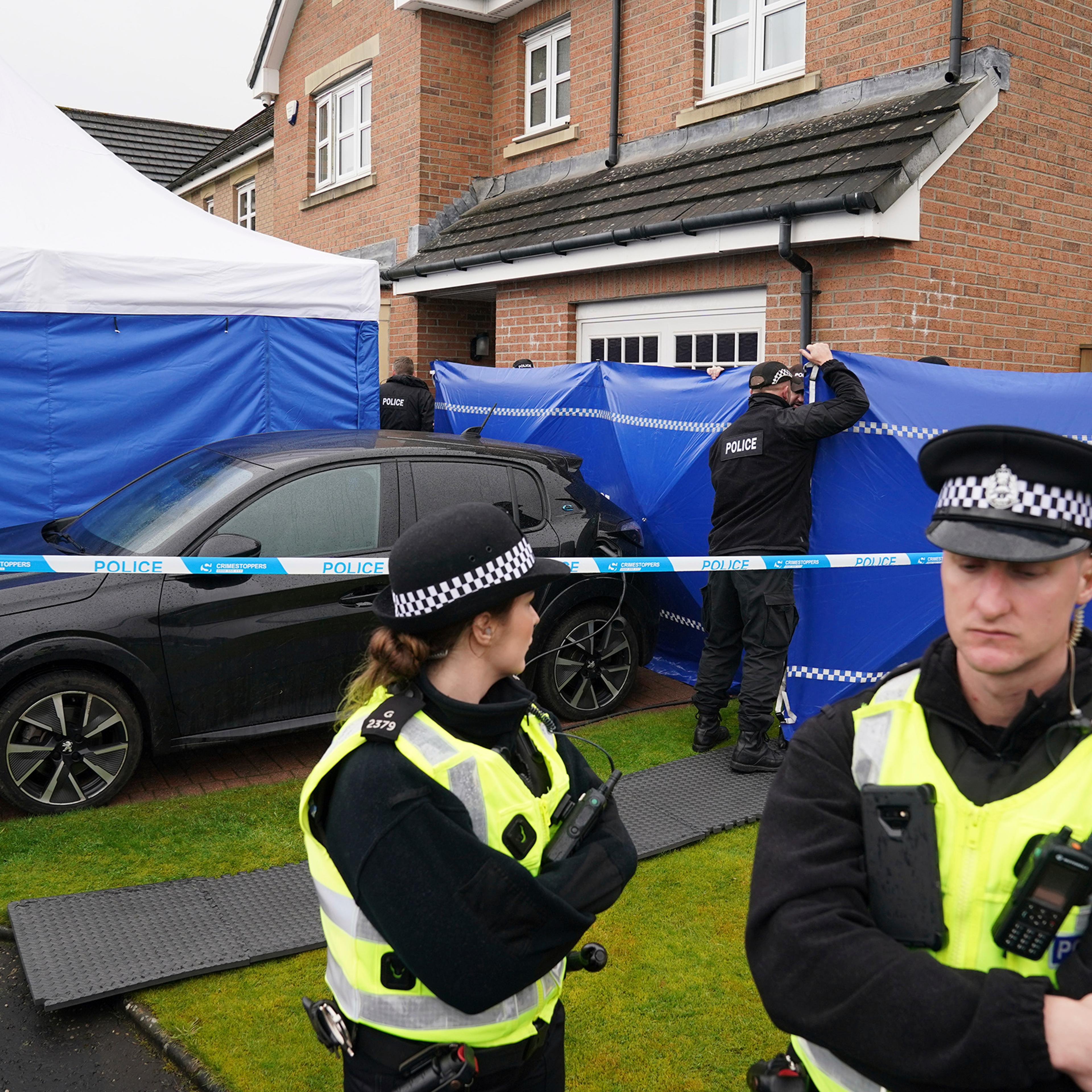 Officers from Police Scotland at the home of former chief executive of the Scottish National Party (SNP) Peter Murrell and Former First Minister Nicola Sturgeon, in Uddingston, Glasgow, after he was arrested in connection with the ongoing investigation into the funding and finances of the party, on April 5.