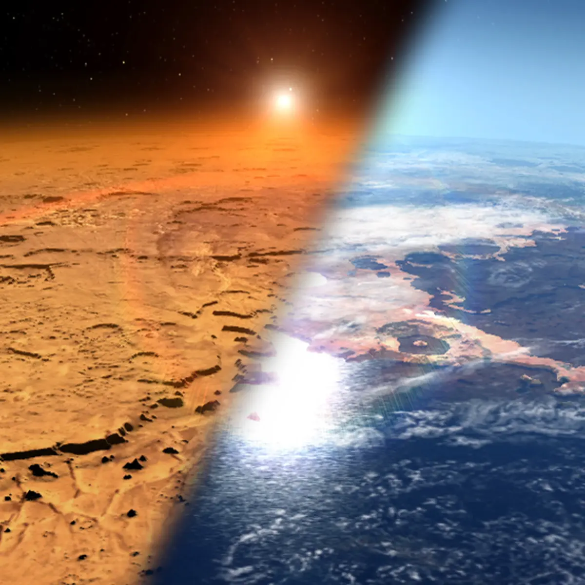 This artist’s concept depicts the early Martian environment (R), believed to contain liquid water and a thicker atmosphere, versus the cold, dry environment seen at Mars today.