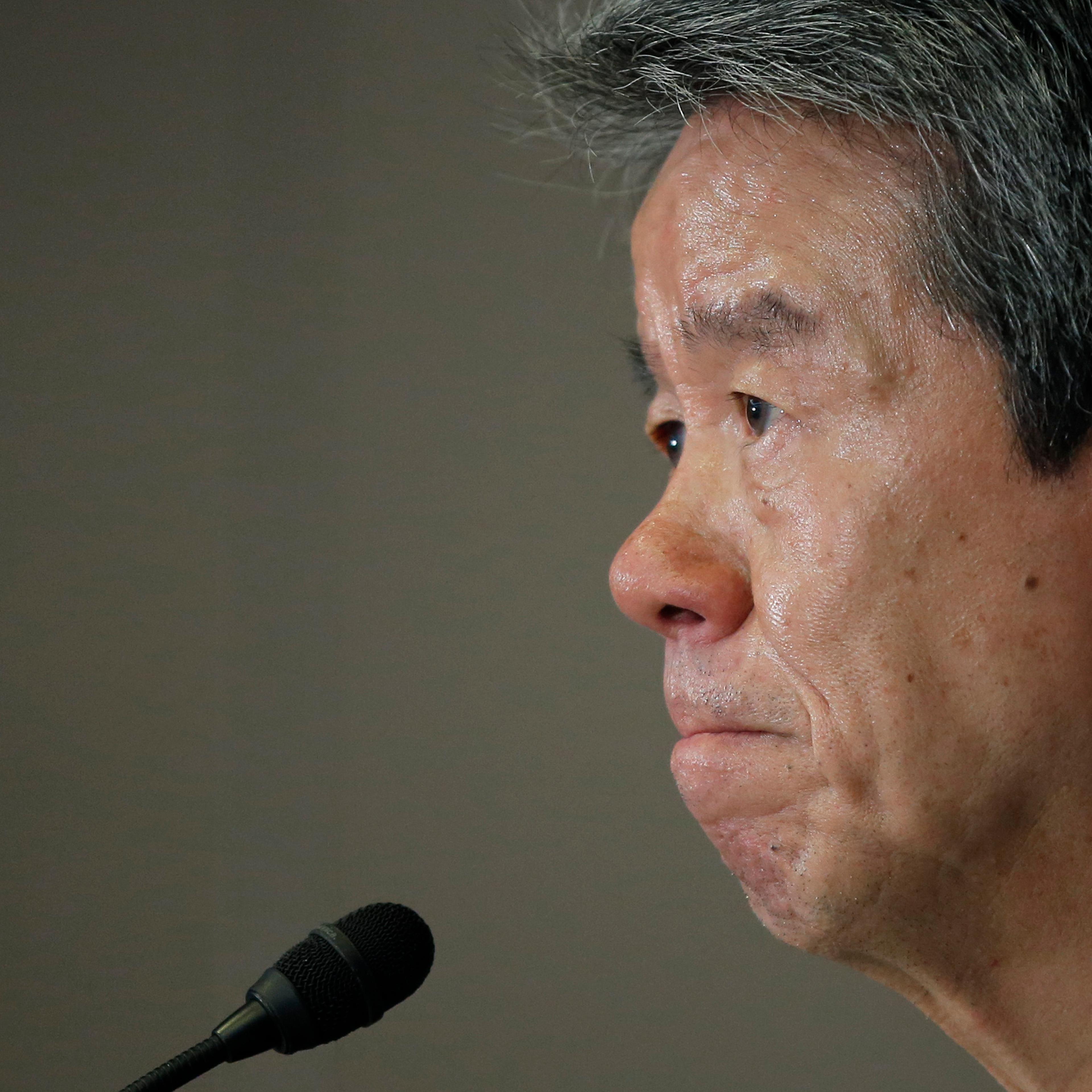 Hisao Tanaka, president and chief executive officer of Toshiba Corp., pauses during a news conference at the company's headquarters in Tokyo, Japan, on Friday, May 15, 2015. Toshiba Corp. named two lawyers and two certified public accountants to a third-