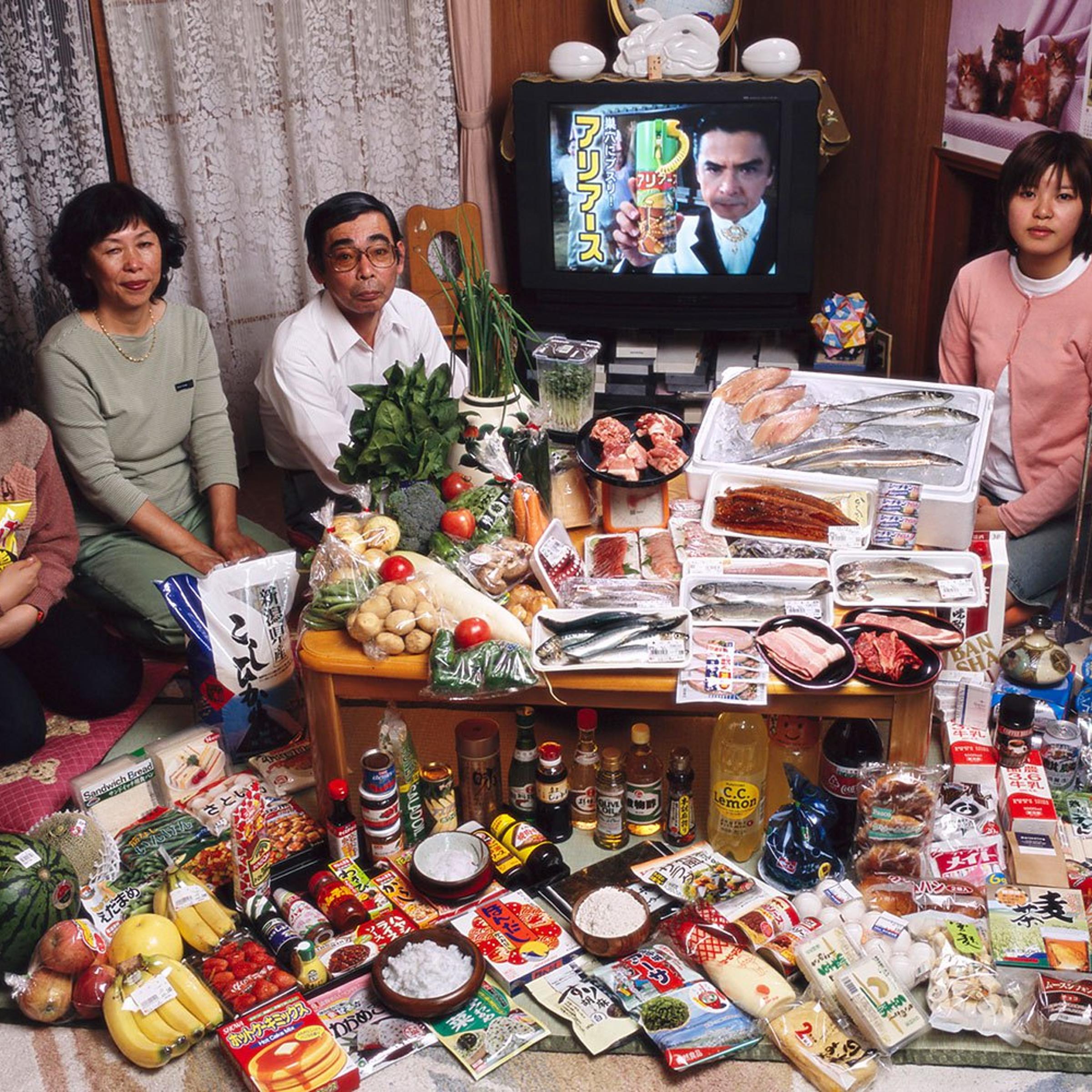 Japan: The Ukita family of Kodaira City. Food expenditure for one week: 37,699 Yen or $317.25. Favorite foods: sashimi, fruit, cake, potato chips.