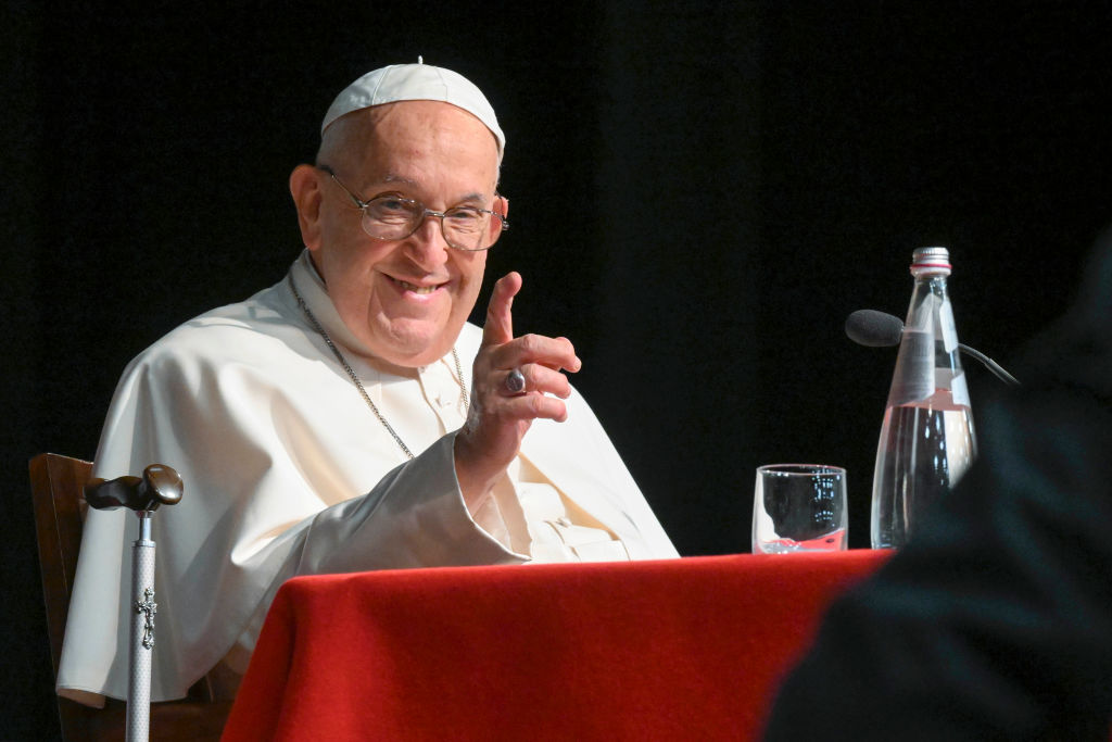 Pope Francis meets some 160 priests who have been ordained for between11 and 39 years at the Salesian Pontifical University on June 11, 2024 in Rome, Italy.
