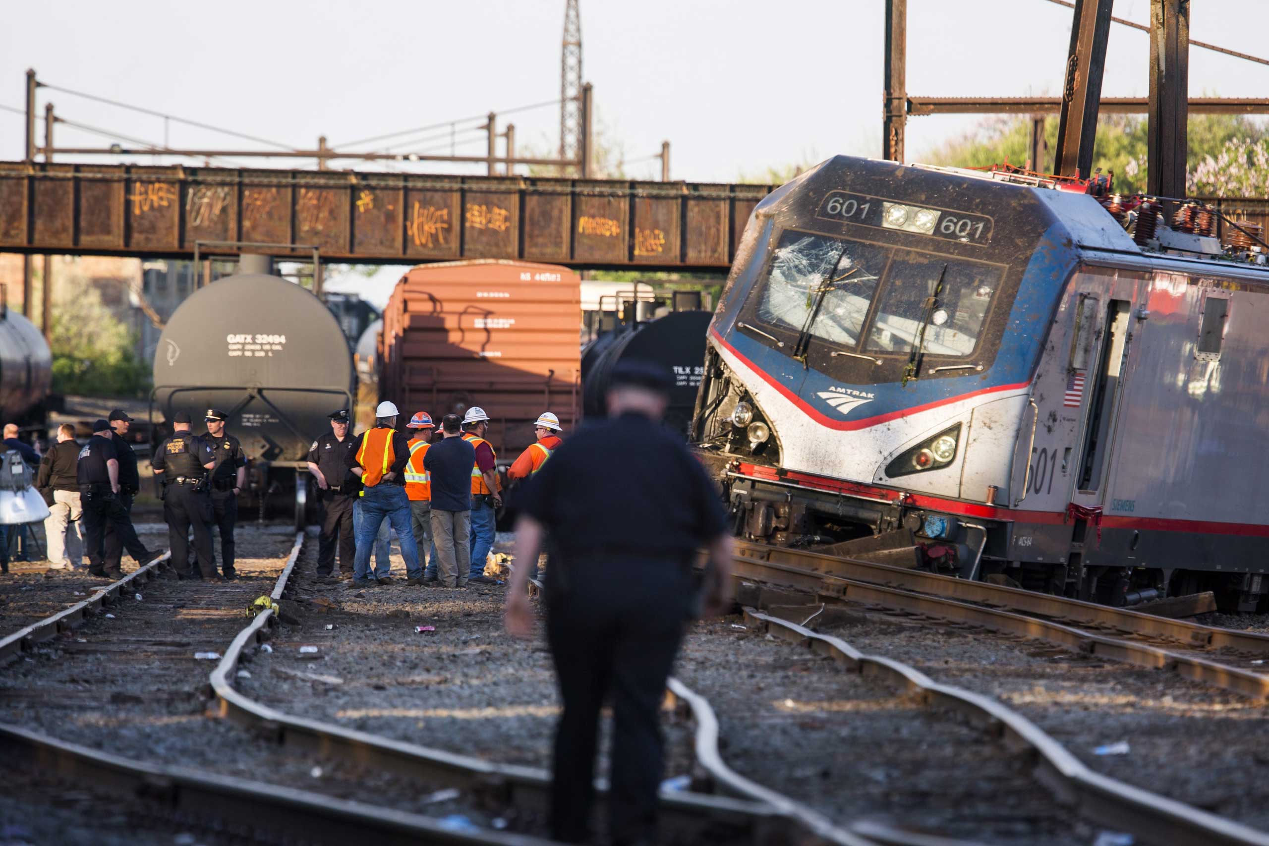 The remains of an Amtrak train that derailed on its way from Washington, DC to New York City are seen just outside Philadelphia on May 13, 2015.