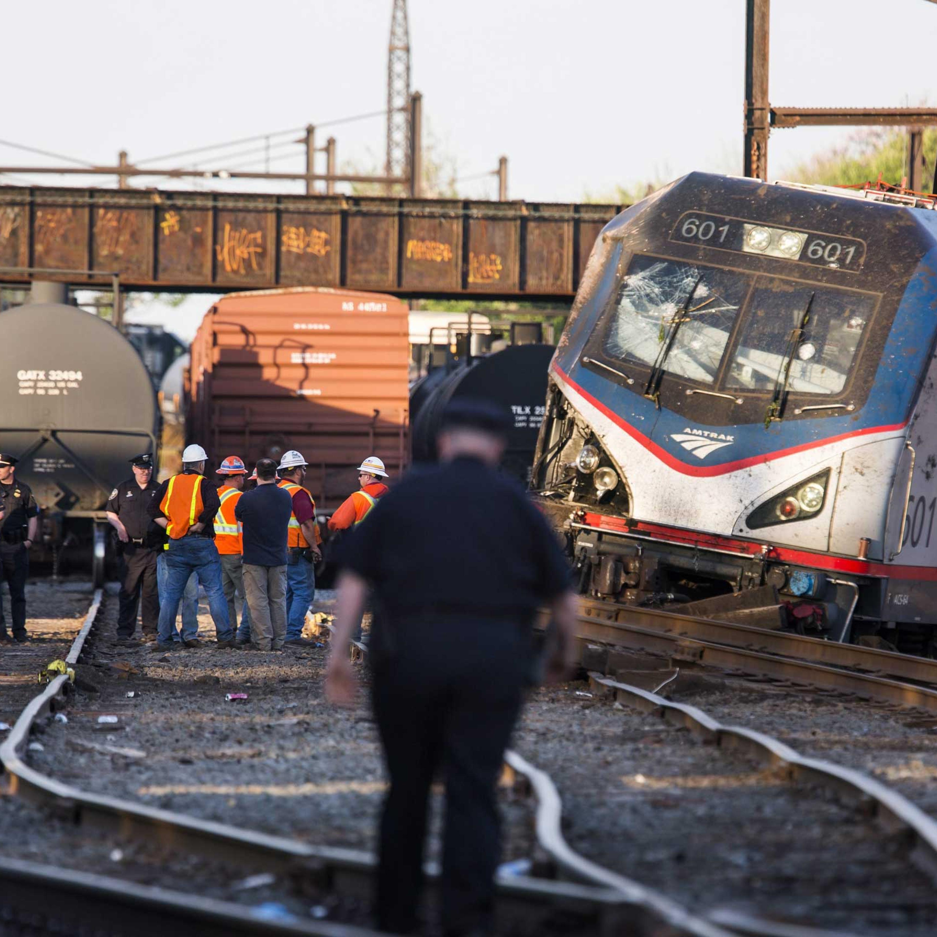 The remains of an Amtrak train that derailed on its way from Washington, DC to New York City are seen just outside Philadelphia on May 13, 2015.