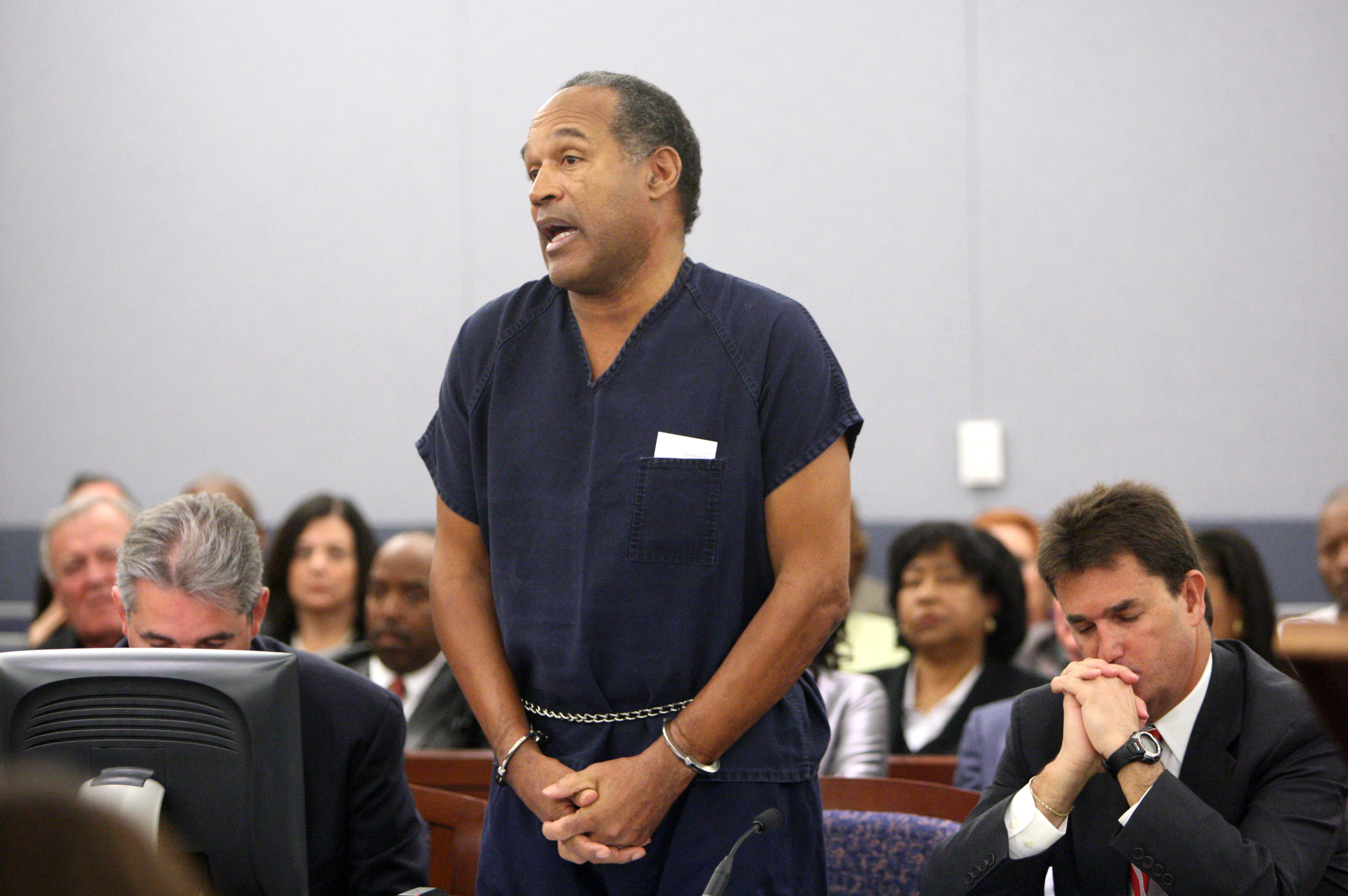 O.J. Simpson speaks during his sentencing hearing at the Clark County Regional Justice Center in Las Vegas on Friday, Dec. 5, 2008.