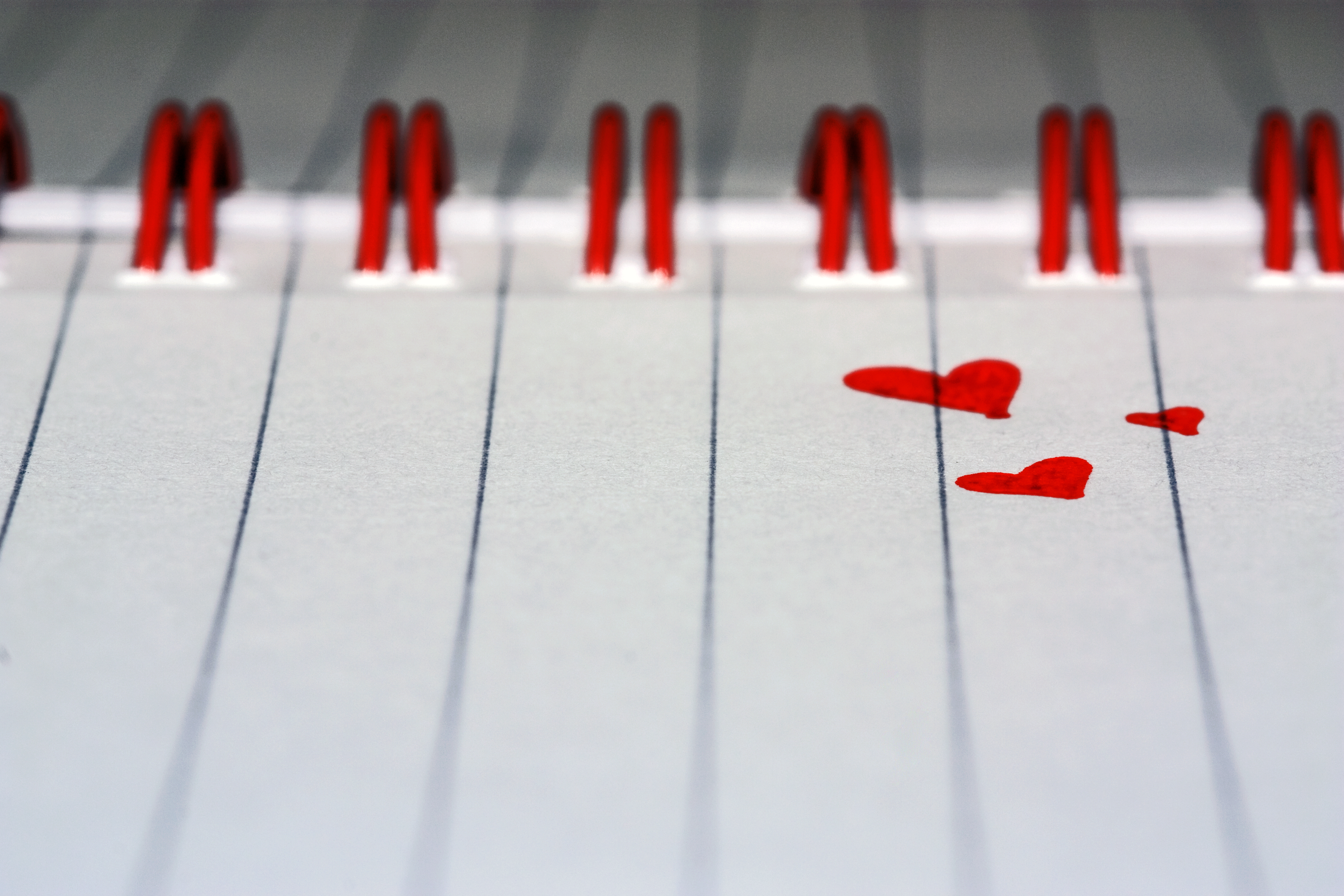 Red hearts in spiral bound jotter.