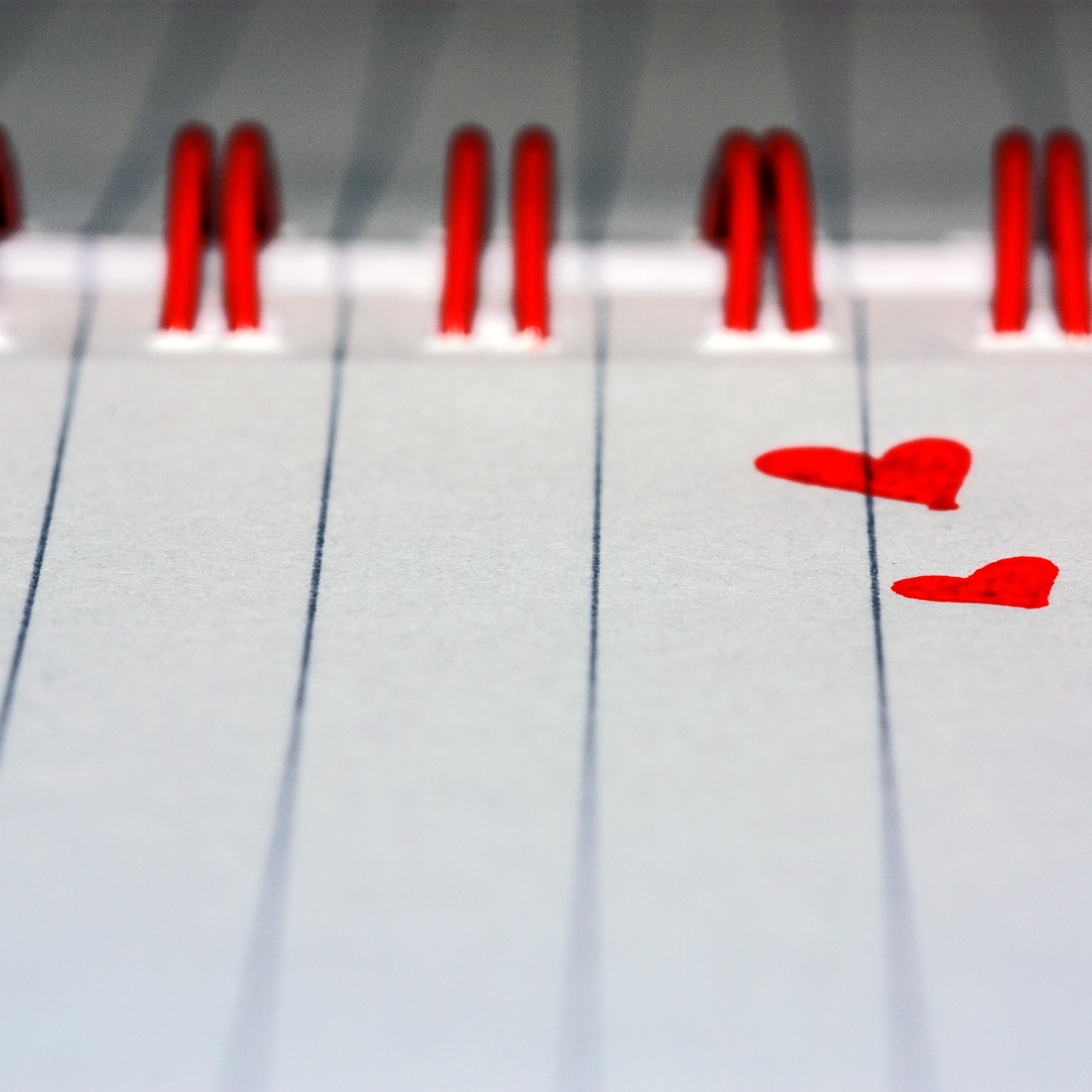 Red hearts in spiral bound jotter.