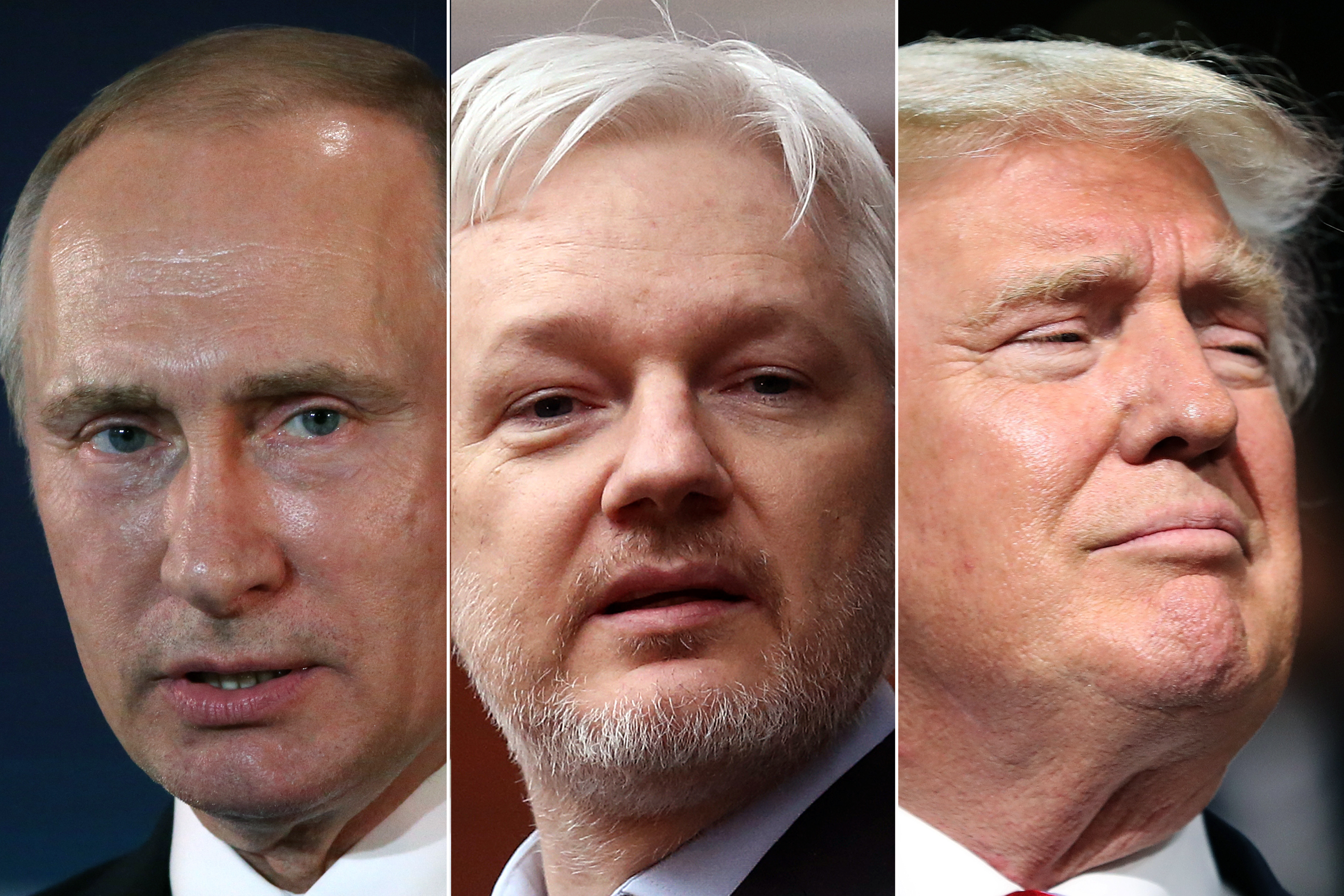 Vladimir Putin in Moscow, in July 2016 (L); Julian Assange in the balcony of the Ecuadorian Embassy in London, in Feb. 2016 (C); Donald Trump in Cleveland, OH, in July 2016 (R).