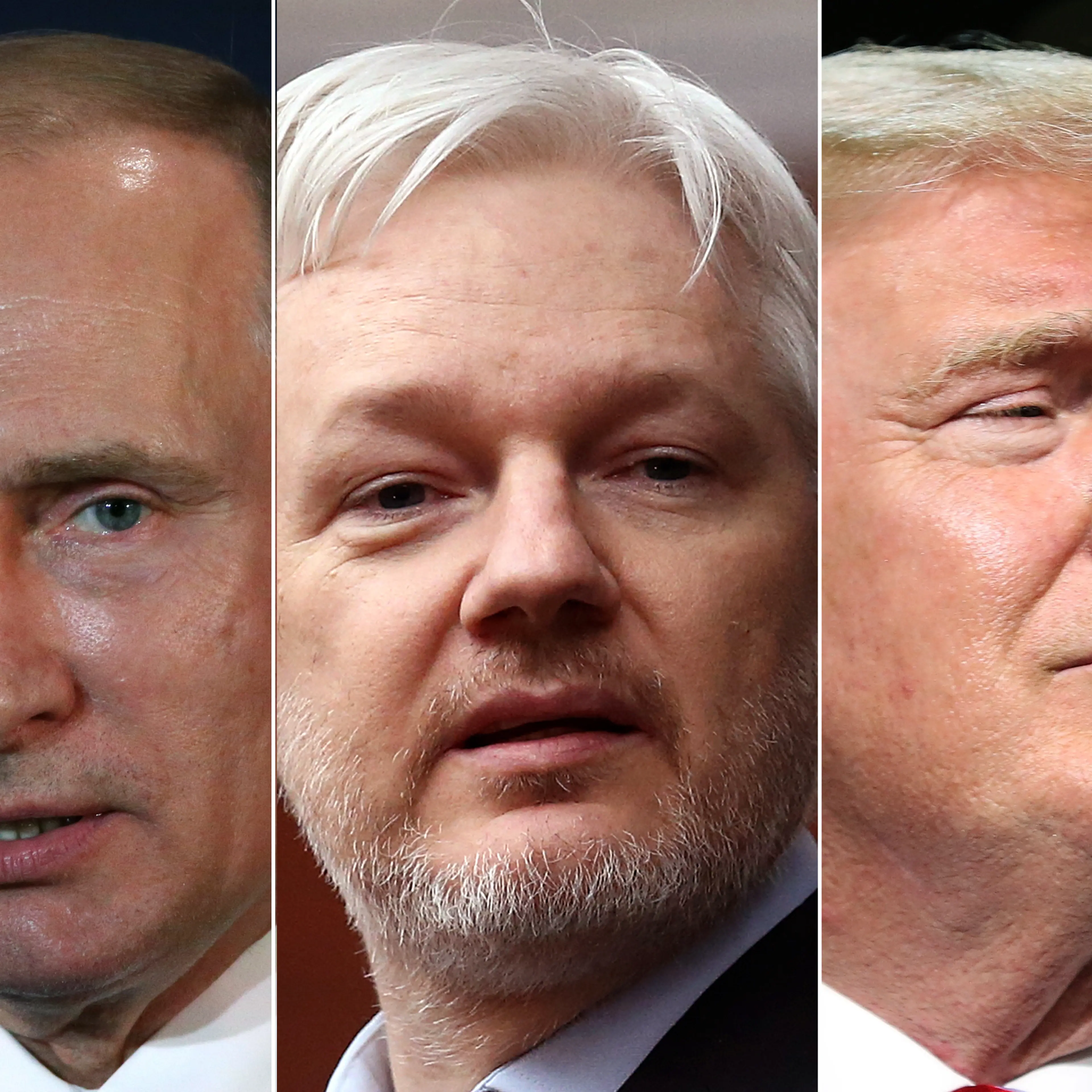 Vladimir Putin in Moscow, in July 2016 (L); Julian Assange in the balcony of the Ecuadorian Embassy in London, in Feb. 2016 (C); Donald Trump in Cleveland, OH, in July 2016 (R).