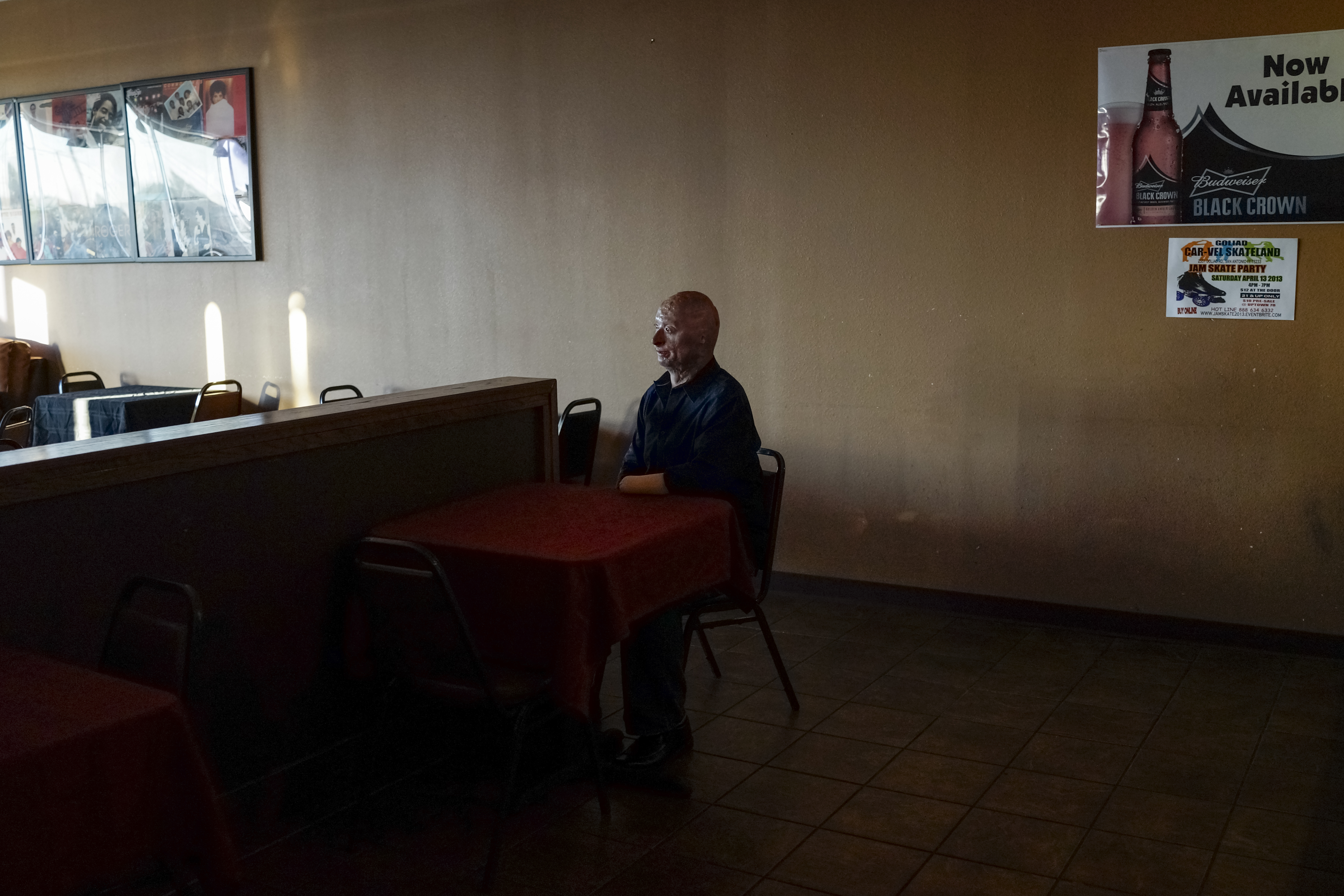 2012.  San Antonio, TX.  USA.  Bobby at the Uptown 78 Lounge before performing his comedy routine.   Bobby Henline, 41, veteran of four tours to Iraq and sole survivor of an IED blast that killed the other four soldiers in his humvee in Iraq in 2007.  He
