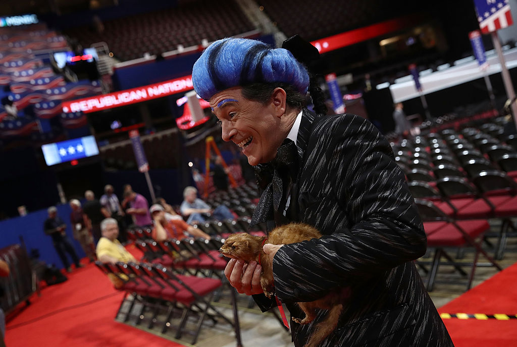 Comedian Stephen Colbert tapes a segment on the floor of the Republican National Convention for CBS's "The Late Show with Stephen Colbert" at the Quicken Loans Arena in Cleveland on July 17, 2016.