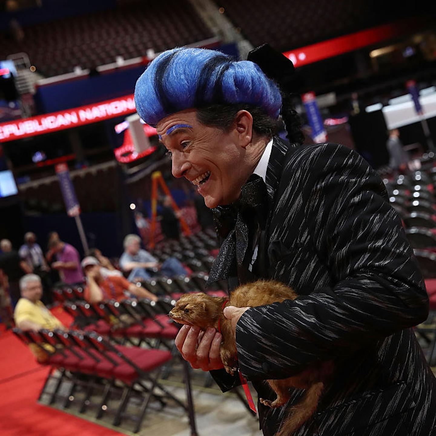Comedian Stephen Colbert tapes a segment on the floor of the Republican National Convention for CBS's "The Late Show with Stephen Colbert" at the Quicken Loans Arena in Cleveland on July 17, 2016.