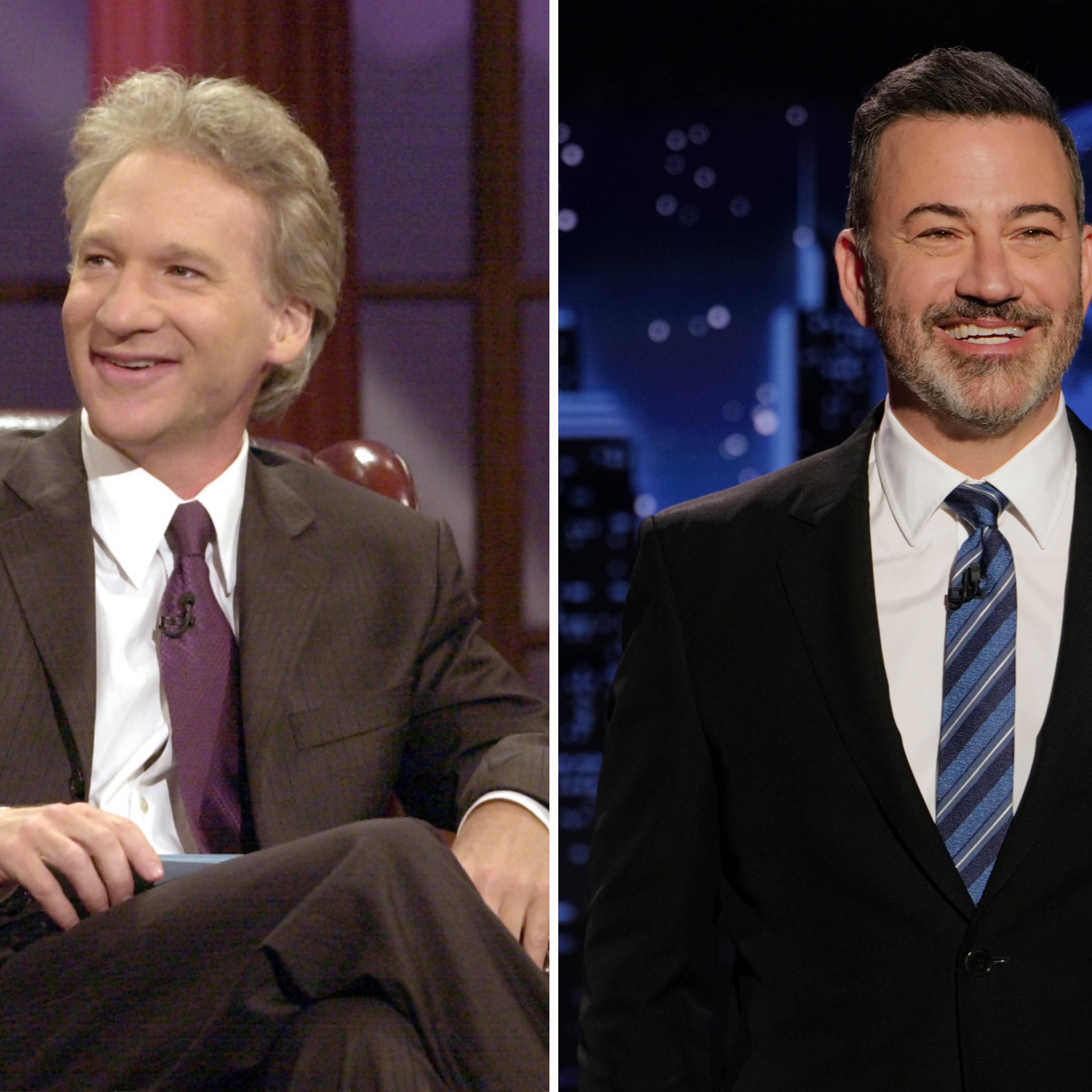 Bill Maher during the taping of the final episode of ABC's "Politically Incorrect"; Jimmy Kimmel during an episode of "Jimmy Kimmel Live!"