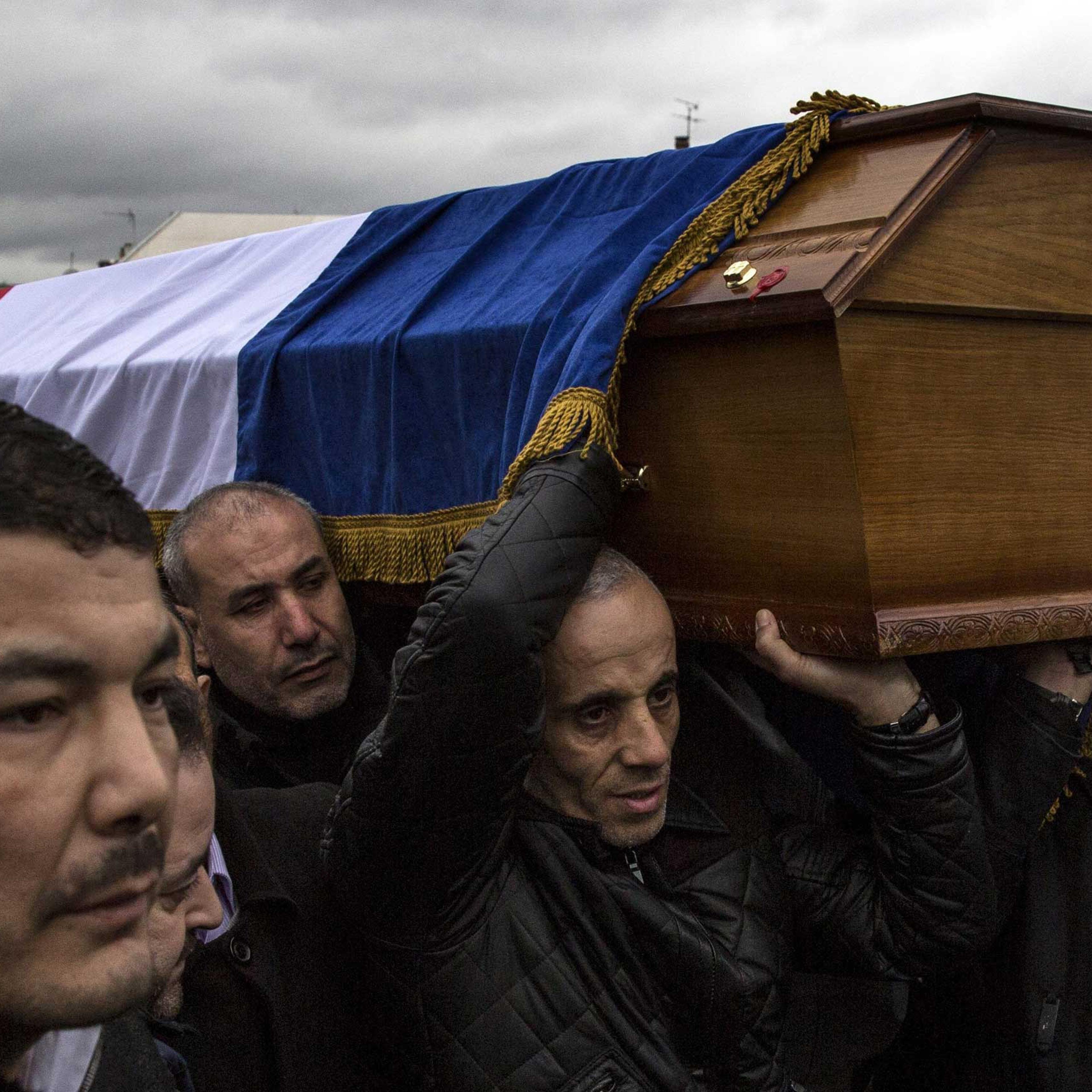 The funeral of murdered police officer Ahmed Merabet takes place at a muslim cemetery on Jan. 13, 2015 in Bobigny, France.