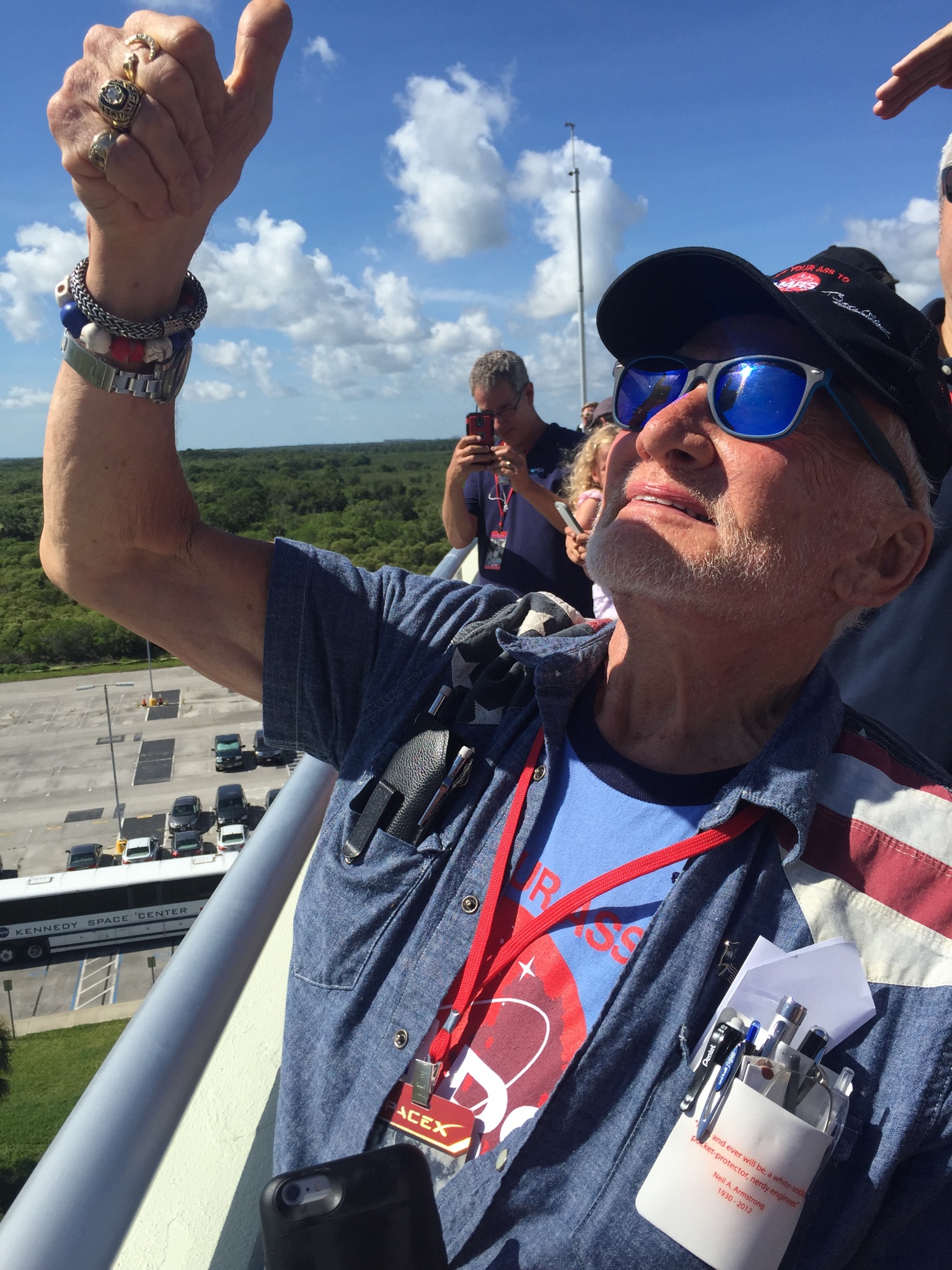 Dr. Buzz Aldrin watches the Spacex Falcon 9 rocket launch on June 28, 2015 at the Kennedy Space Center in Florida.